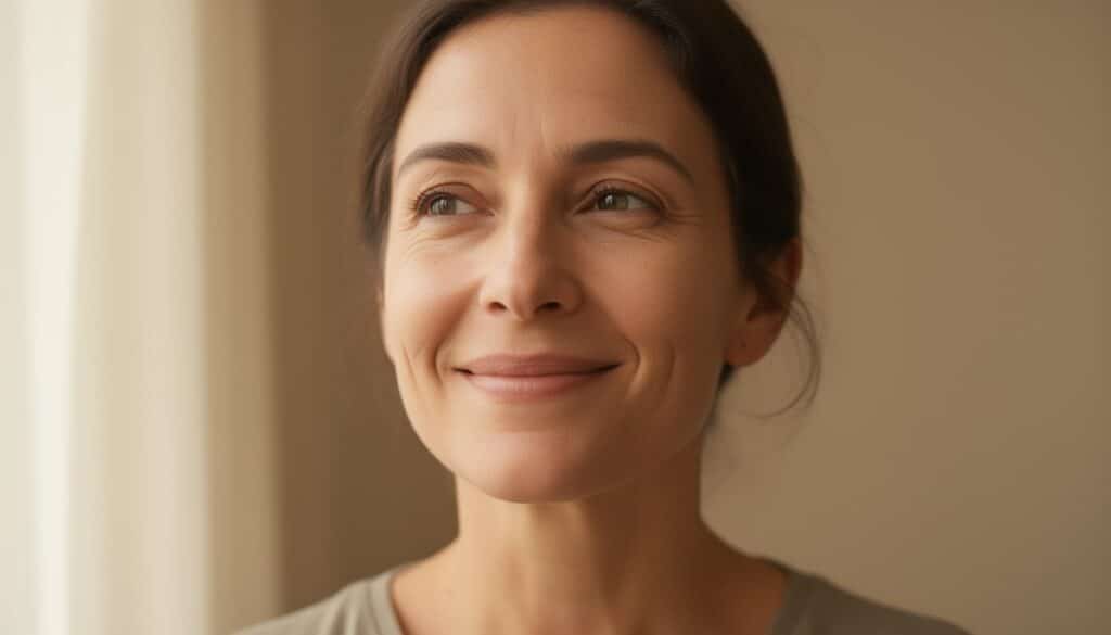 Close-up portrait of an adult smiling softly, showcasing hope and calm, representing individual therapy services.