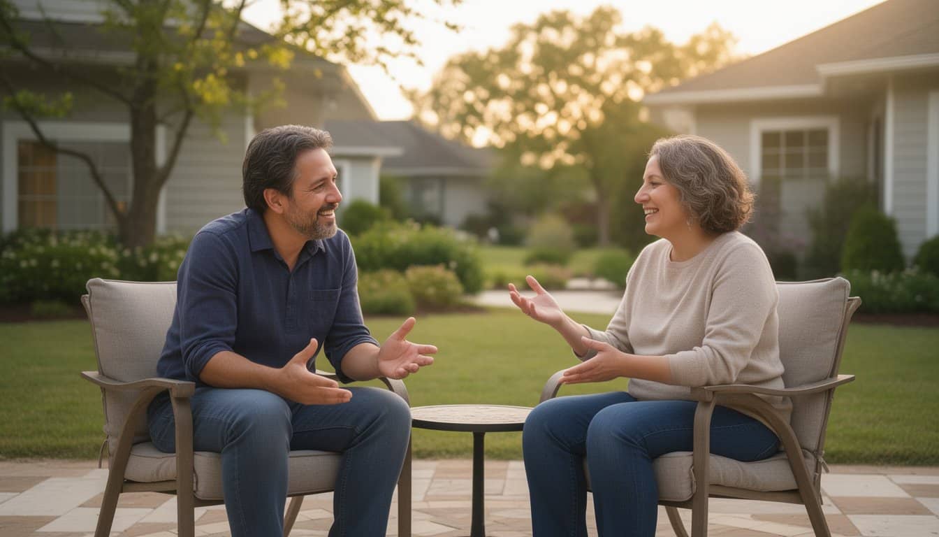 Candid outdoor scene of two people in conversation at a residential mental health facility, soft golden sunlight.