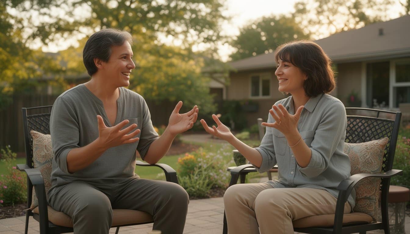 Two adults sharing a relaxed moment on a treatment center patio, natural gestures and friendly expressions.