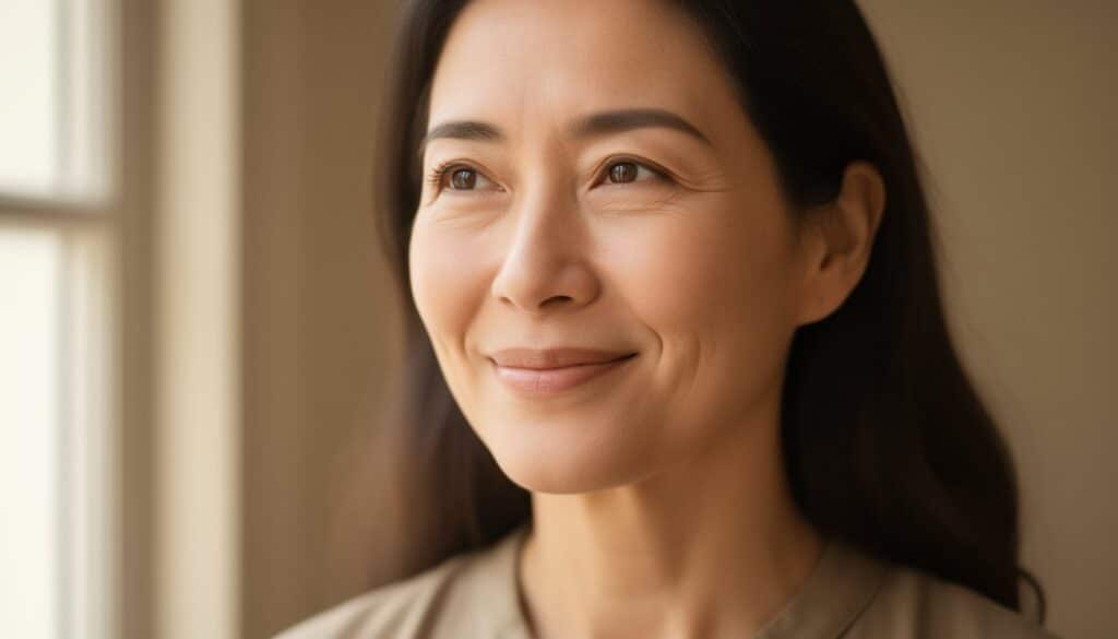 Warmly lit portrait of a relaxed adult with gentle expression, ideal for individual therapy services.