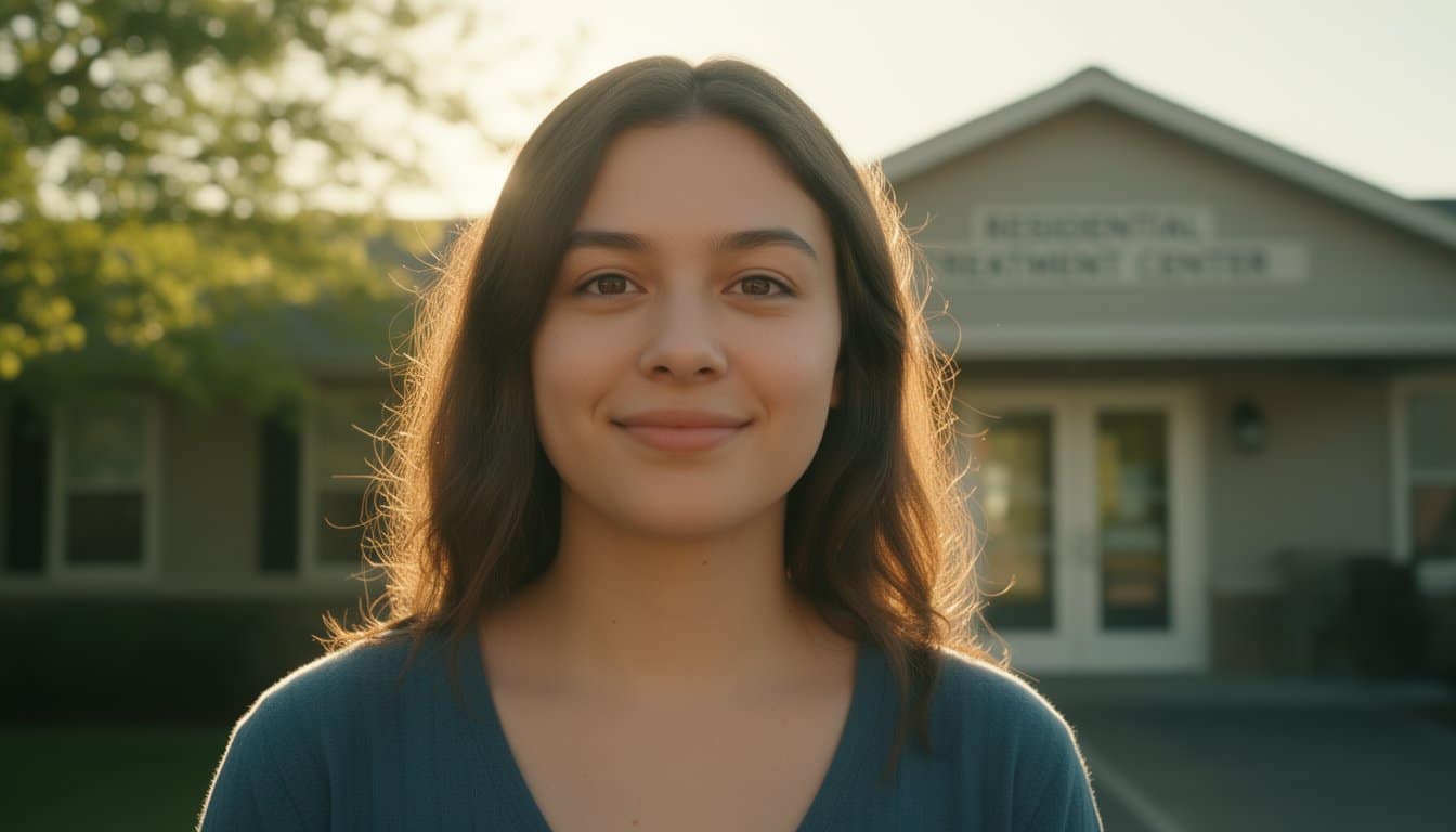 Close-up portrait of a young adult standing outside a residential treatment center with soft sunlight behind them.