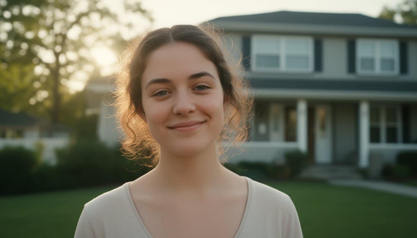 Hopeful young adult outdoors at a recovery facility, gentle expression and relaxed posture.