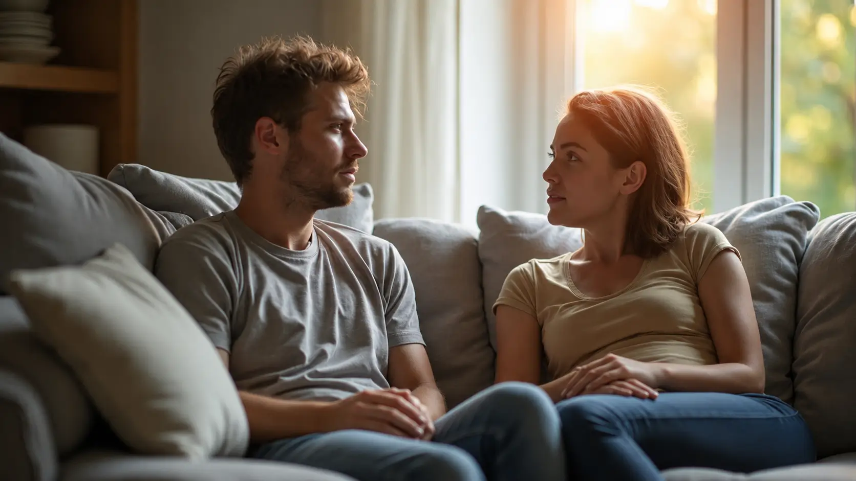 A young couple sits on a comfortable gray sofa in a sunlit living room, making eye contact during a calm, thoughtful conversation. The man wears a gray T-shirt and jeans, while the woman wears a beige top and blue jeans. Soft natural light streams through a large window behind them, creating a warm and intimate atmosphere with neutral-colored cushions surrounding them.