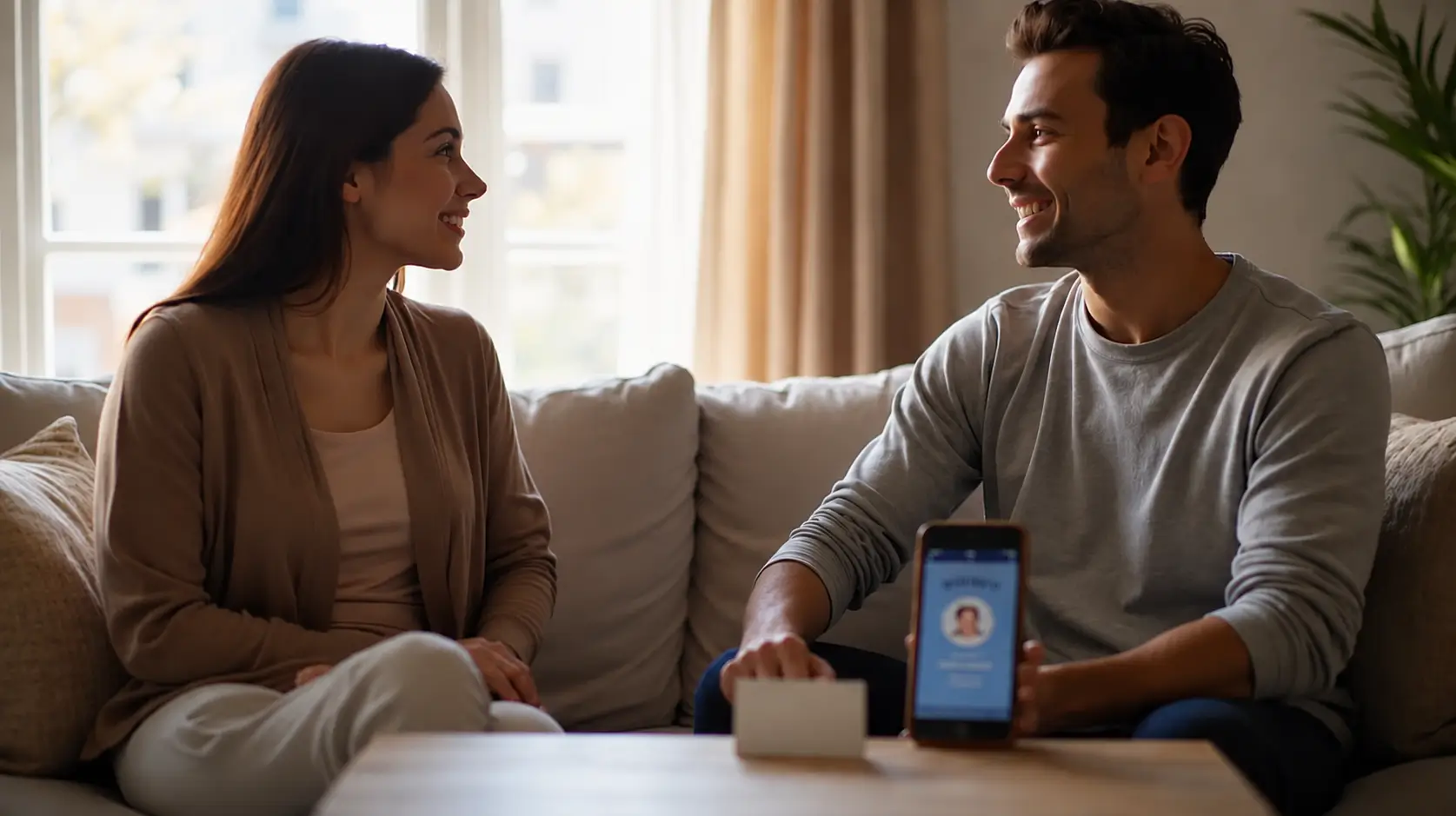 A smiling man and woman sit facing each other on a sofa in a bright, cozy living room. The man holds a smartphone displaying a contact or profile screen while both appear engaged in a friendly conversation. Sunlight streams through large windows behind them, creating a warm and inviting atmosphere.