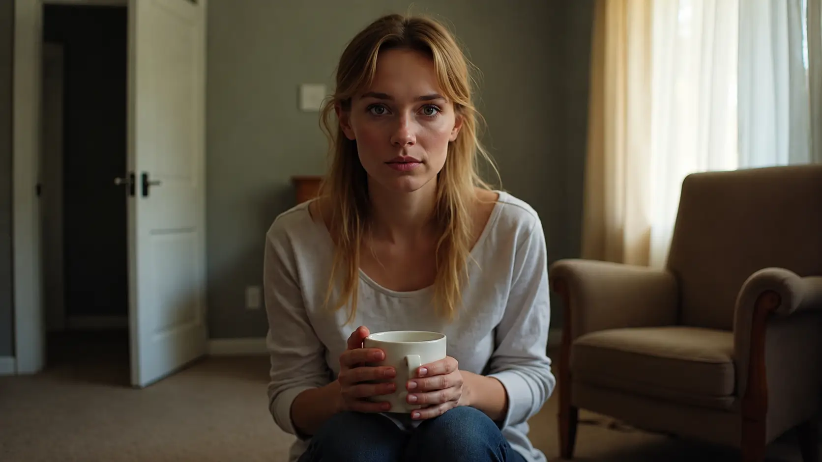 A young woman sits indoors holding a white coffee mug with both hands while looking directly at the camera. She wears a light gray long-sleeve shirt and dark jeans in a softly lit living room with an upholstered armchair, an open door, and sheer curtains filtering natural daylight, creating a calm and reflective atmosphere.