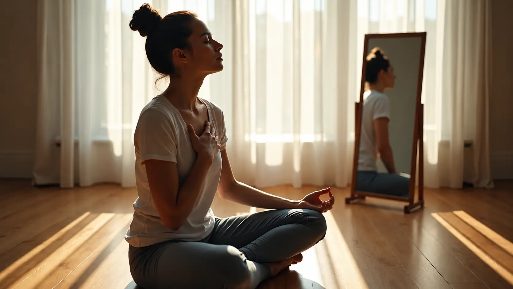 A woman sits cross-legged on a yoga mat in a bright, sunlit room with her eyes closed, one hand resting over her heart and the other in a meditation pose. A full-length mirror beside her reflects her seated posture, while soft natural light streams through sheer curtains, creating a calm and peaceful atmosphere.