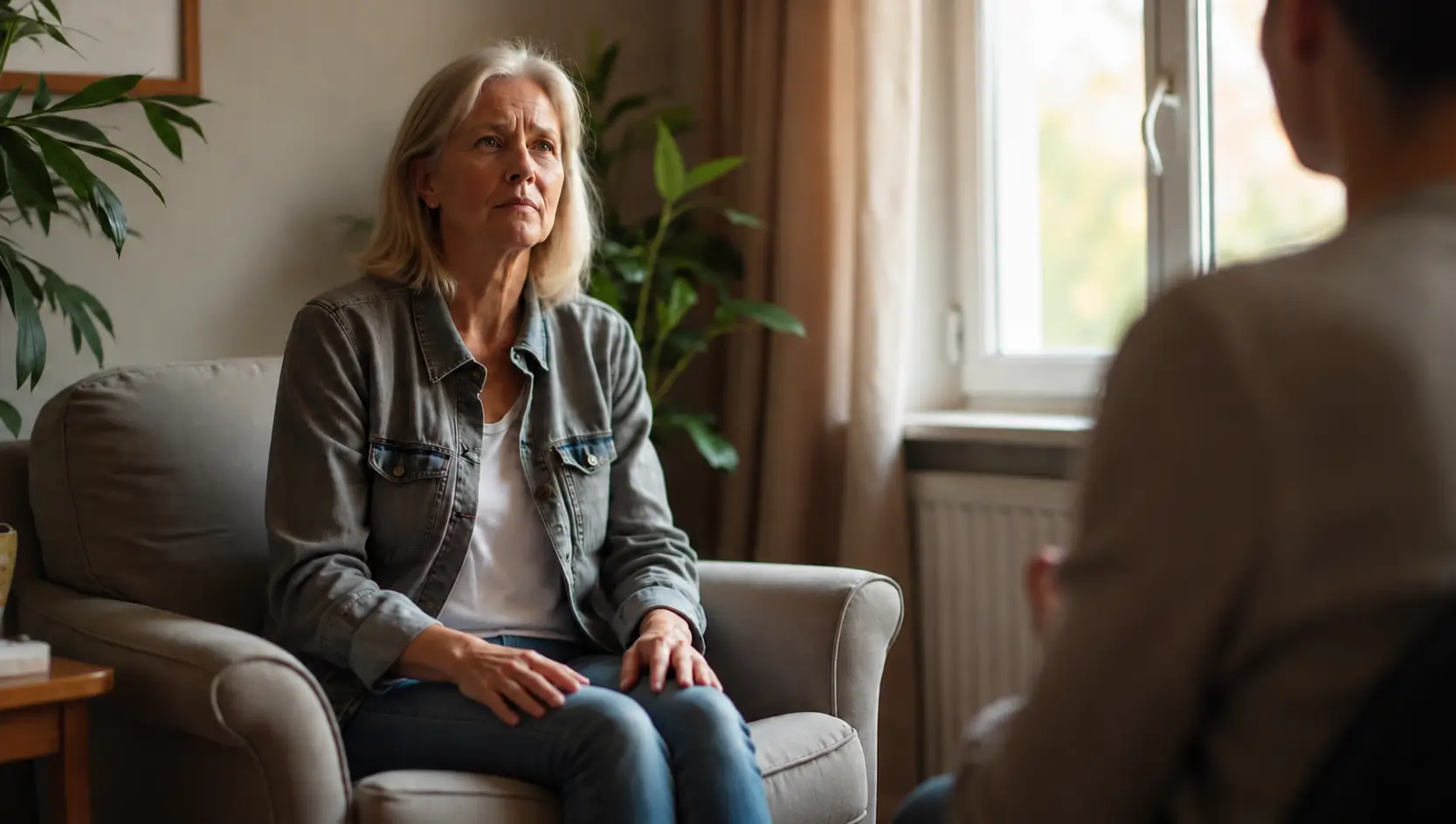 An older woman sits in a dark brown leather armchair with her hands clasped, gazing thoughtfully toward a softly lit window. She wears a light gray long-sleeve top and blue jeans in a dimly lit room with white curtains and a blurred glass in the foreground, creating a quiet, reflective atmosphere.