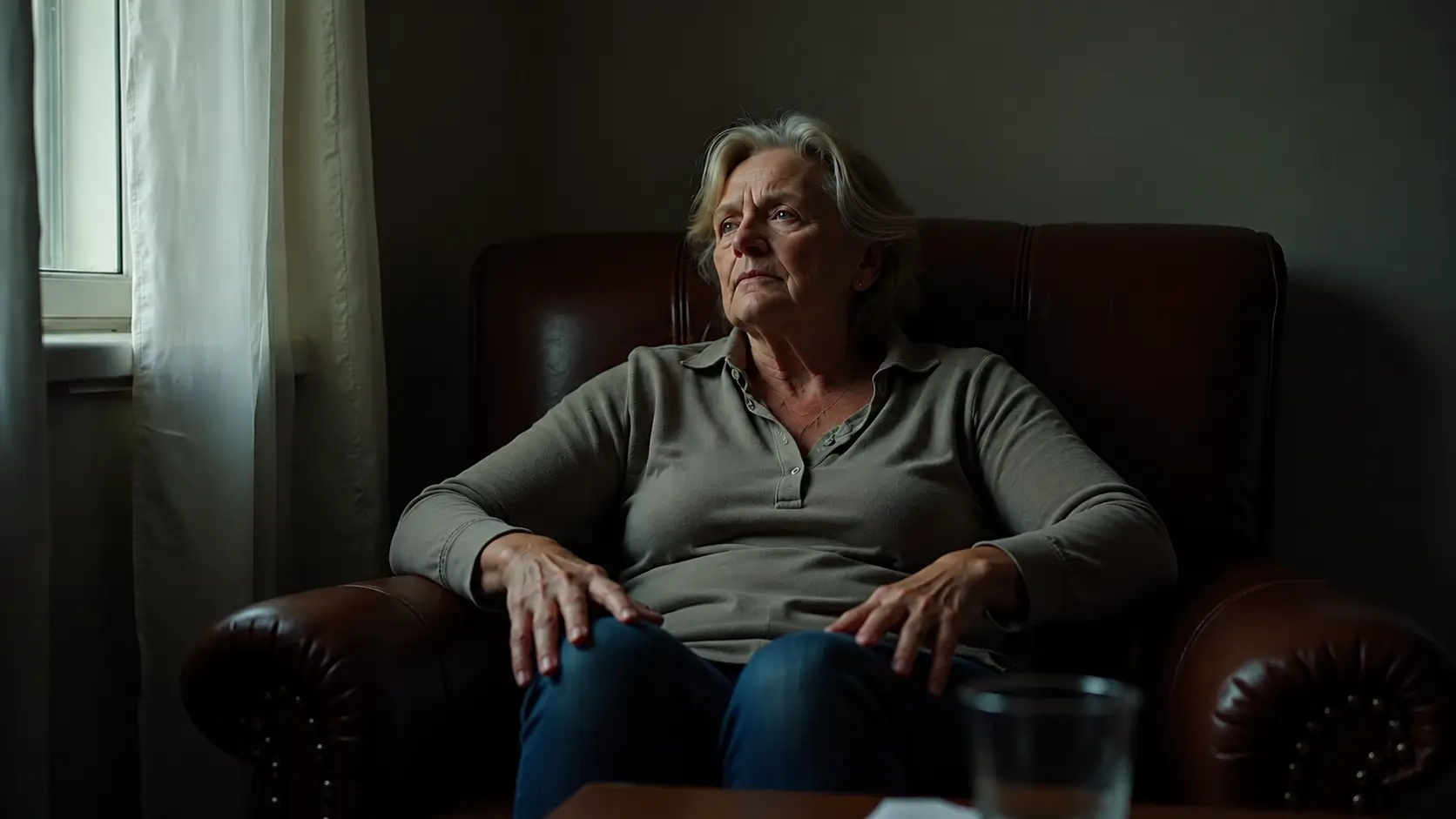 An older woman sits in a dark brown leather armchair, looking thoughtfully toward a softly lit window with both hands resting naturally on her legs. She wears a light gray long-sleeve top and blue jeans in a dimly lit room with white curtains and a blurred glass in the foreground, conveying a calm and contemplative mood.
