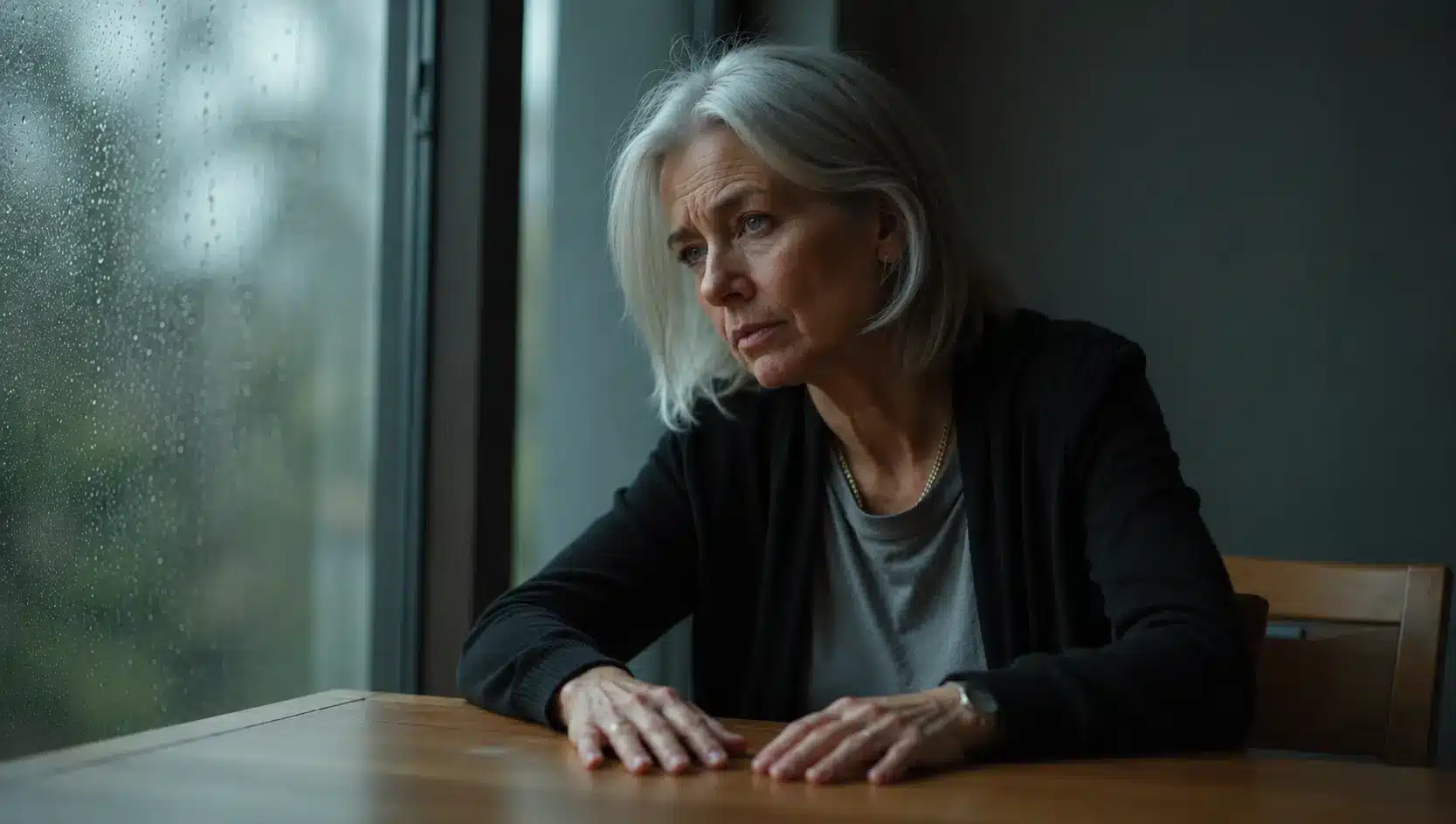 An older woman with silver hair sits at a wooden table, gazing thoughtfully out a rain-speckled window. She wears a gray shirt beneath a black cardigan, with both hands resting naturally on the tabletop. Soft natural light and cool tones create a quiet, contemplative atmosphere in the minimalist room.