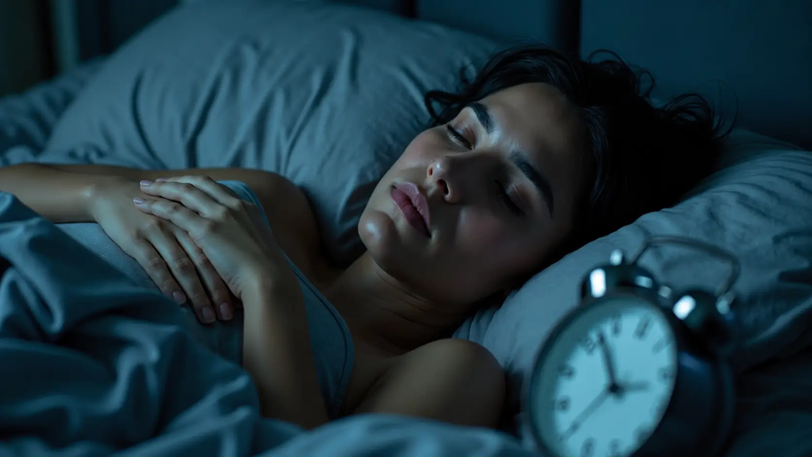 A young woman sleeps peacefully on her side in a dimly lit bedroom with cool blue nighttime lighting. Her hands rest naturally on her chest beneath a blanket, while a classic alarm clock sits on the bedside table in the foreground. Soft pillows and muted tones create a calm, restful atmosphere.