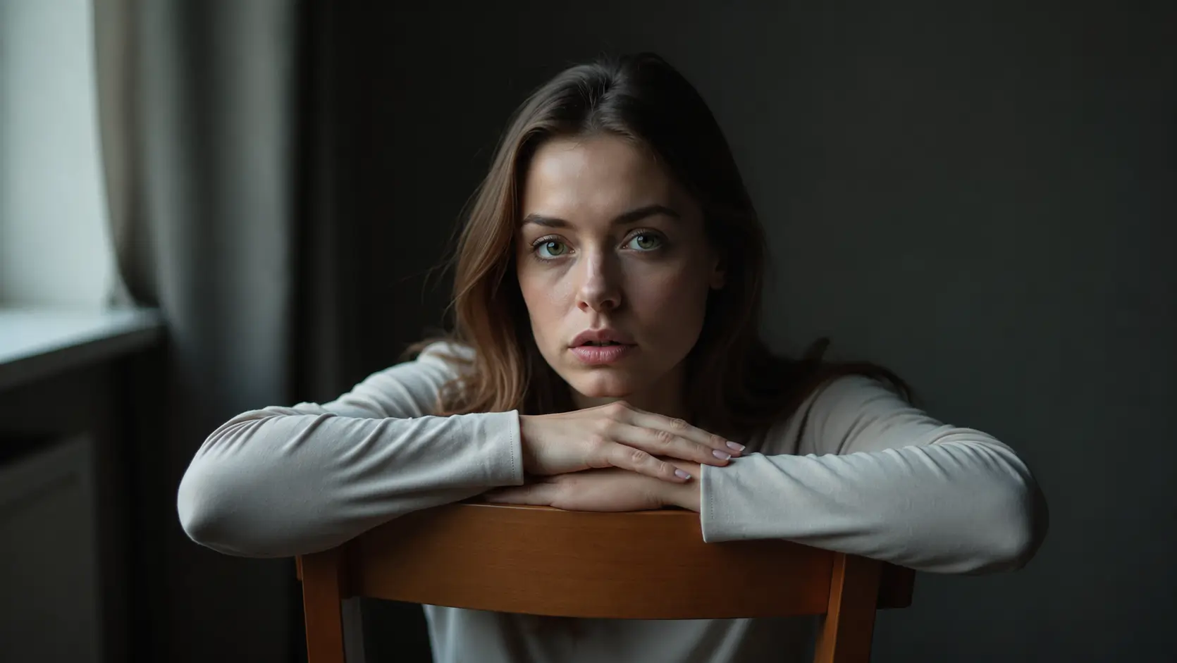 A young woman with long brown hair rests her folded arms on the back of a wooden chair while looking directly at the camera with a thoughtful, neutral expression. She wears a light gray long-sleeve shirt in a softly lit indoor setting, with natural light from a nearby window and a dark, minimalist background creating a calm, contemplative atmosphere.