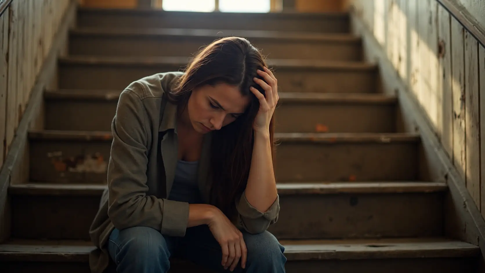 A young woman sits alone on a worn wooden staircase with her head bowed, resting one hand against her hair while the other hangs naturally over her knee. She wears a muted green overshirt, a gray top, and blue jeans. Warm natural light streams in from above, highlighting the aged staircase and creating a quiet, contemplative atmosphere.