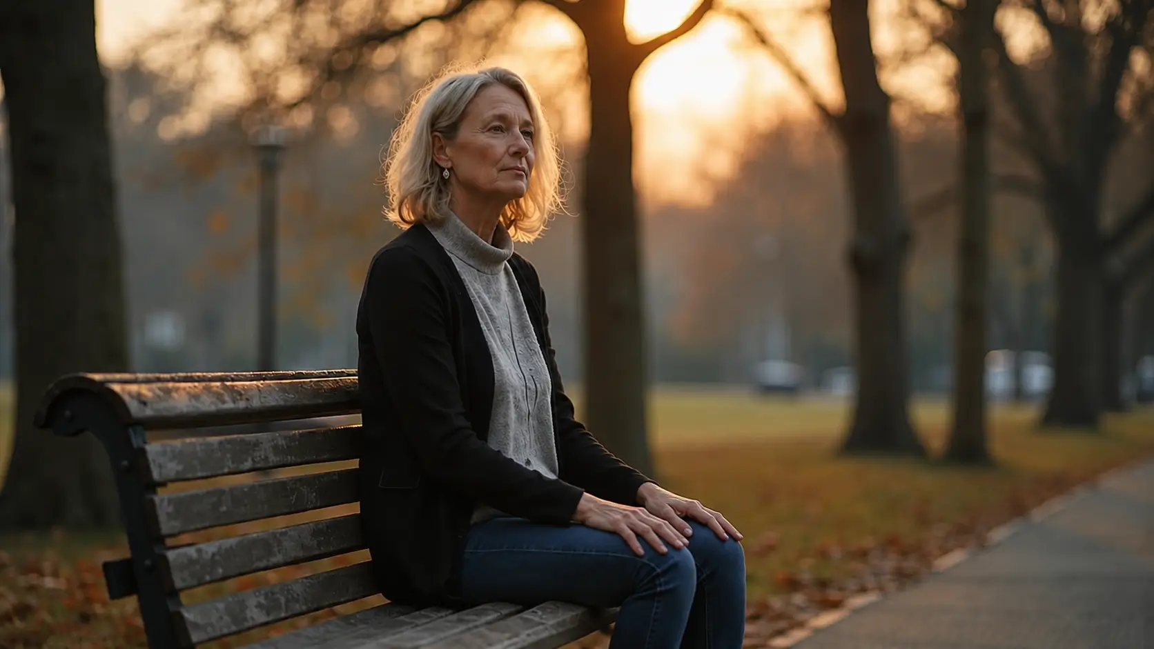 An older woman sits on a wooden park bench during golden hour with both hands resting naturally on her knees. She wears a light gray turtleneck sweater, a black cardigan, and blue jeans while gazing thoughtfully into the distance. Warm sunset light filters through tall trees, creating a peaceful autumn park setting with a quiet walking path nearby.