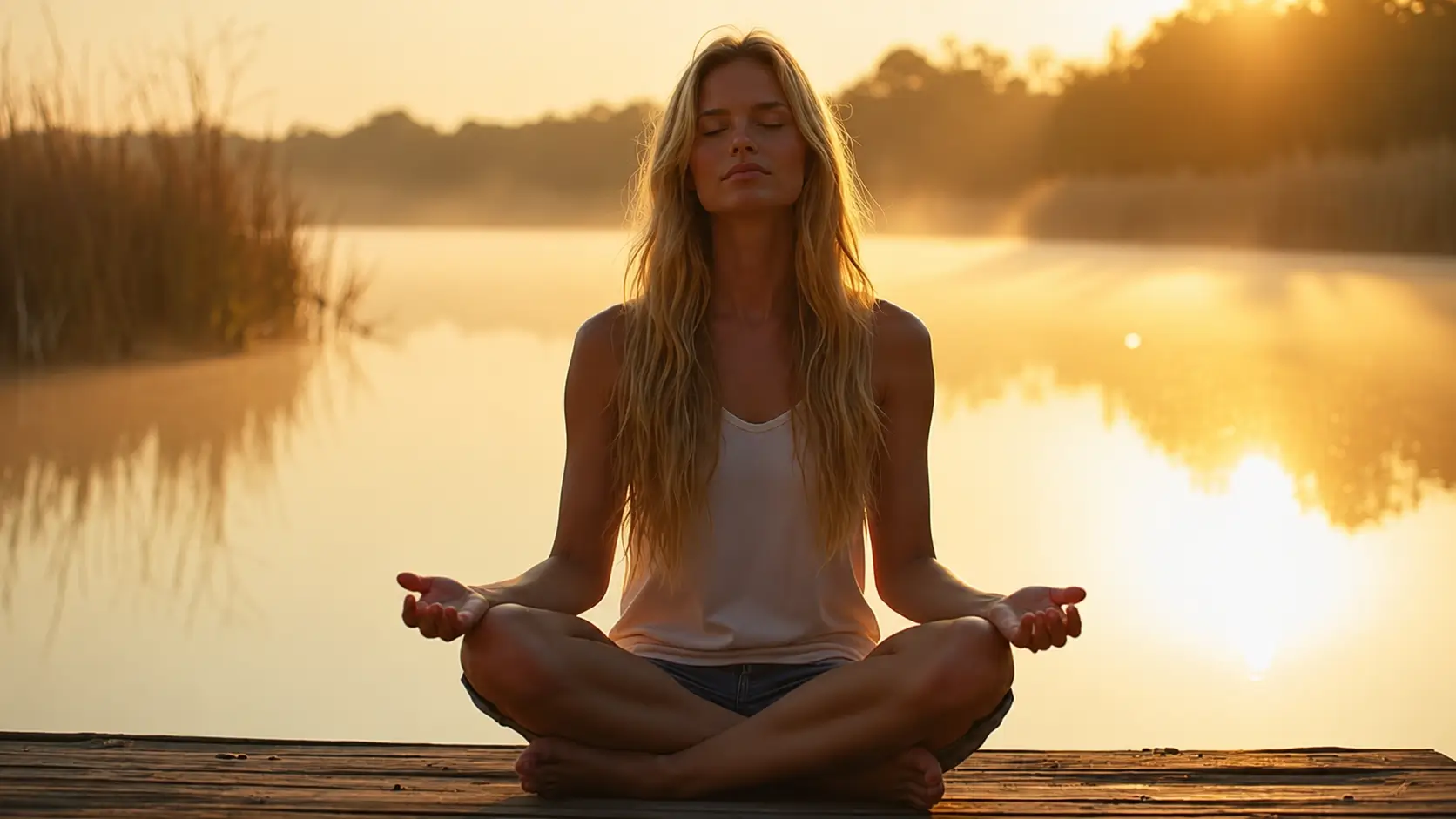 A young woman sits cross-legged on a wooden dock beside a calm lake during golden hour, meditating with her eyes closed. She wears a light-colored sleeveless top and shorts, with her hands resting open on her knees in a relaxed meditation pose. Warm sunlight reflects across the still water, while reeds and distant trees create a peaceful natural backdrop.