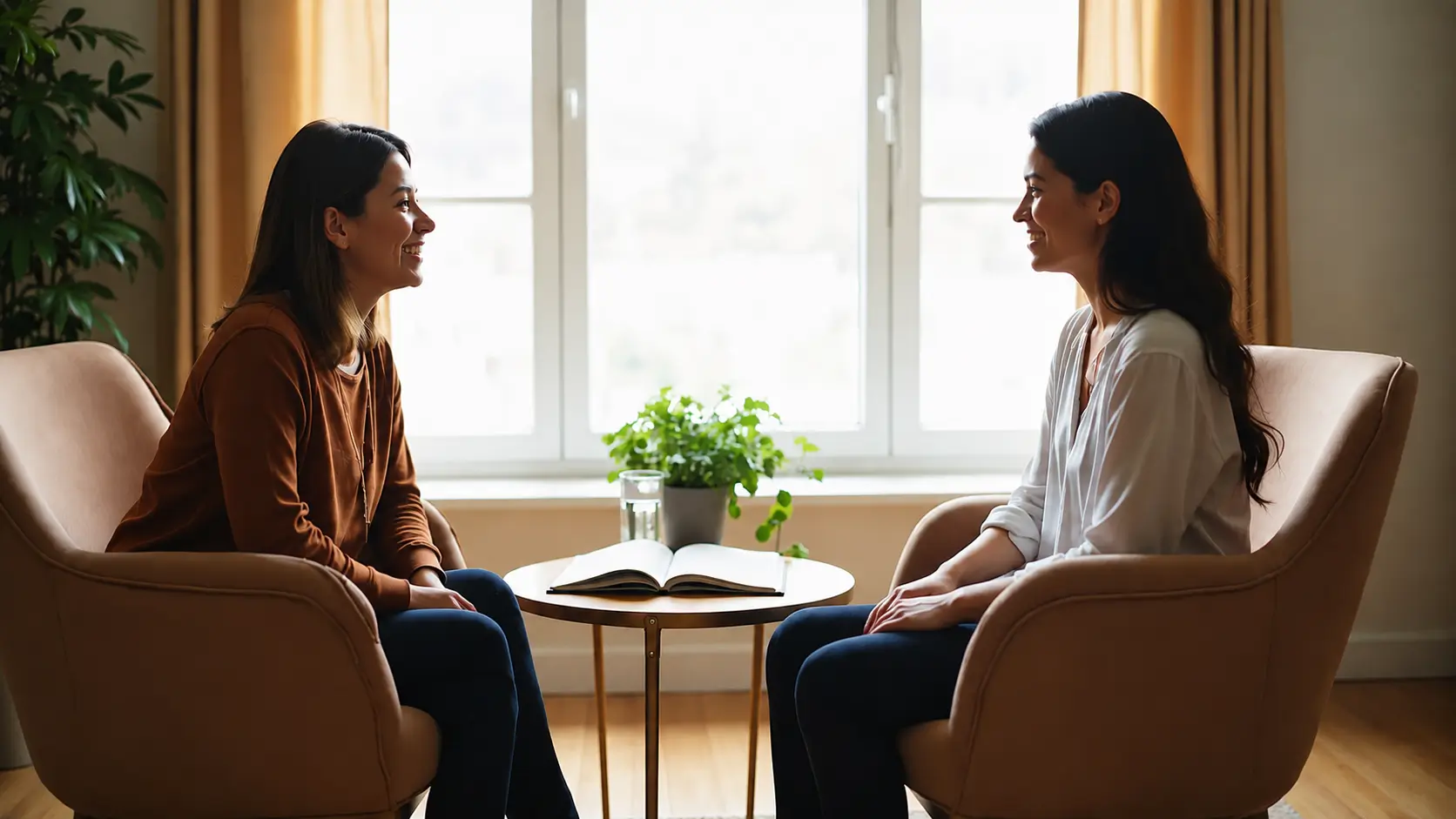 Two women sit facing each other in comfortable armchairs, smiling during a relaxed conversation in a bright, modern living room. Both have their hands resting naturally on their laps, with a small round table between them holding an open notebook, a glass of water, and a potted plant. Large windows fill the room with soft natural light, creating a warm and welcoming atmosphere.