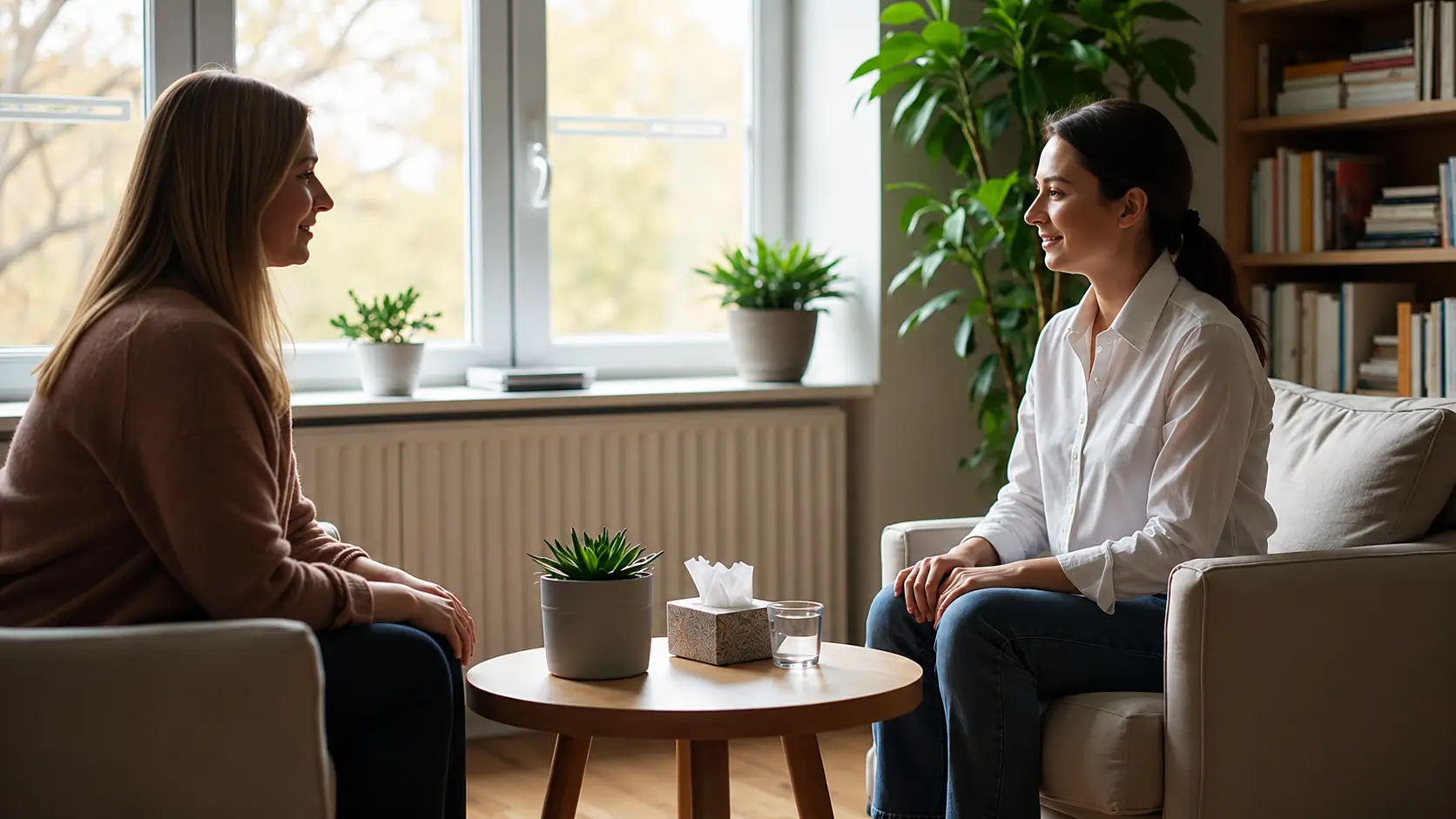 Two women sit facing each other in comfortable armchairs, smiling as they engage in a conversation in a bright, welcoming room. Both have their hands resting naturally on their laps. A small round table between them holds a potted succulent, a tissue box, and a glass of water, while large windows, indoor plants, and bookshelves create a calm, professional counseling or therapy setting.