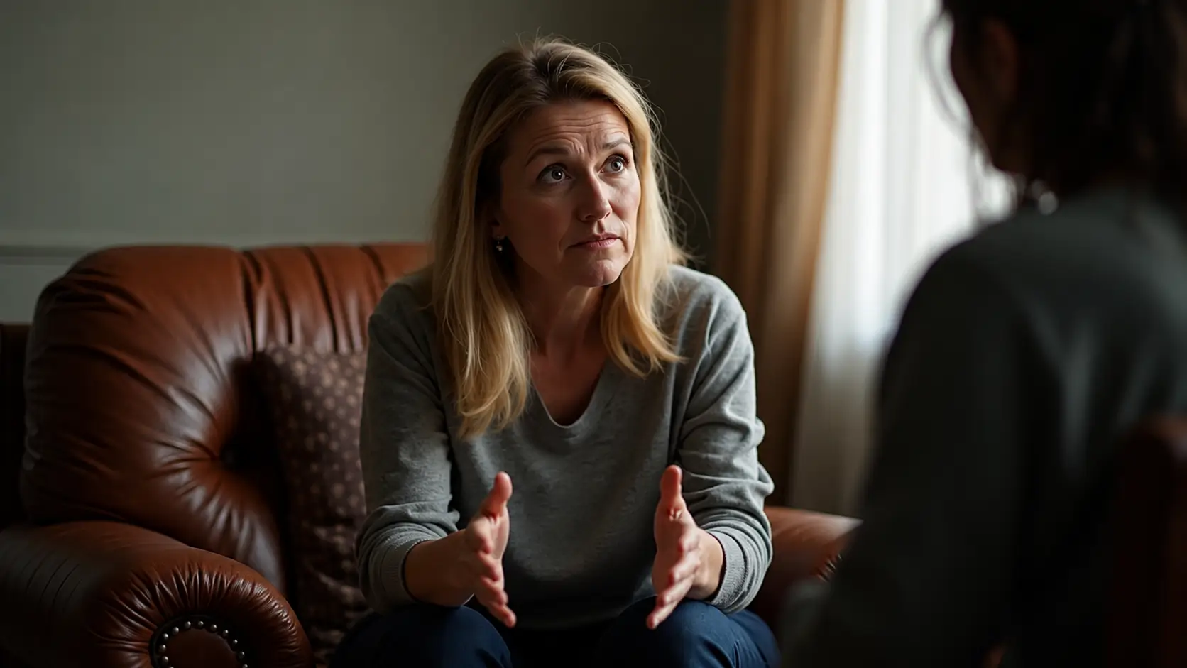 A blonde woman sits in a brown leather armchair, leaning forward with both hands open in a natural conversational gesture as she speaks to another person seated opposite her. She wears a gray long-sleeve shirt, and soft natural light from a nearby window creates a warm, calm atmosphere in the counseling or therapy room.