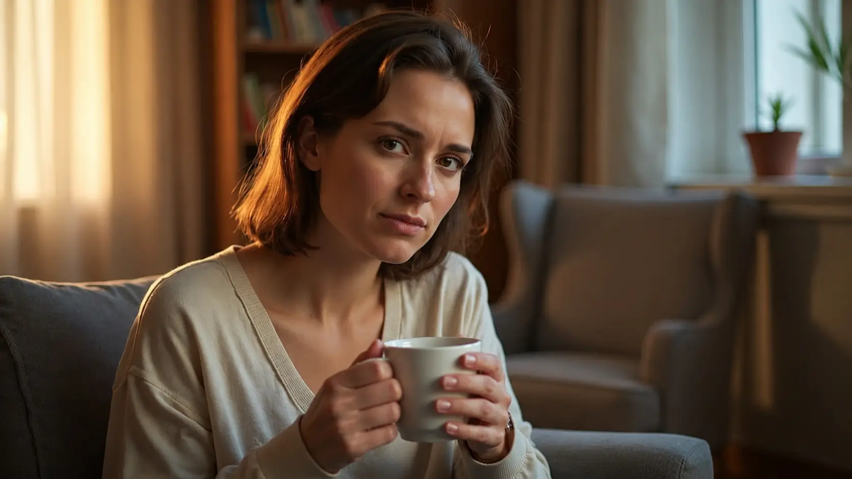 A young woman with short brown hair sits on a gray sofa, holding a white ceramic mug with both hands while looking thoughtfully toward the camera. Warm sunlight filters through a nearby window, illuminating the cozy living room, where a bookshelf, upholstered chair, and small potted plant create a calm, inviting atmosphere.