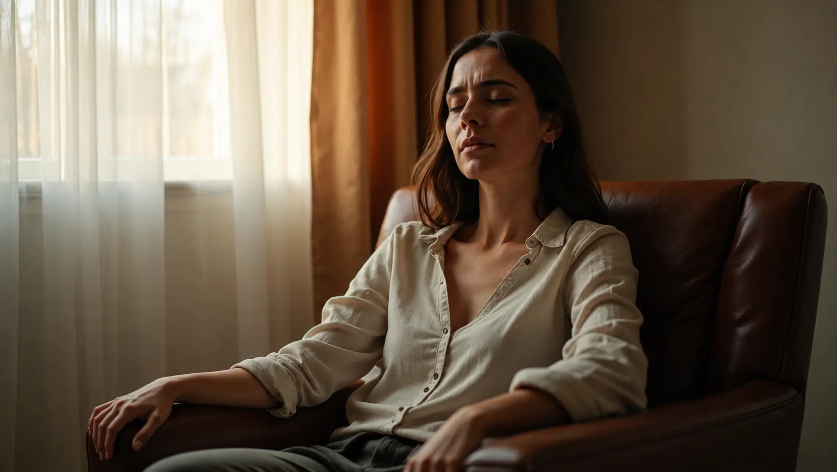 A young woman sits comfortably in a brown leather armchair with her eyes closed and a calm expression, wearing a light-colored button-up blouse. Soft daylight filters through sheer curtains beside her, creating a warm, peaceful atmosphere in the room as she rests her arms naturally on the chair's armrests.