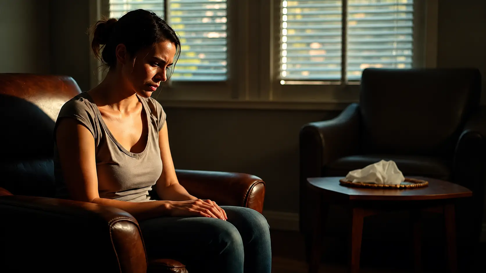 A young woman sits in a brown leather armchair with her hands resting gently on her lap and her head slightly bowed, conveying a reflective or emotional moment. Warm sunlight streams through window blinds behind her, while a small wooden table with a tissue box and an empty armchair create a quiet, counseling-style setting.