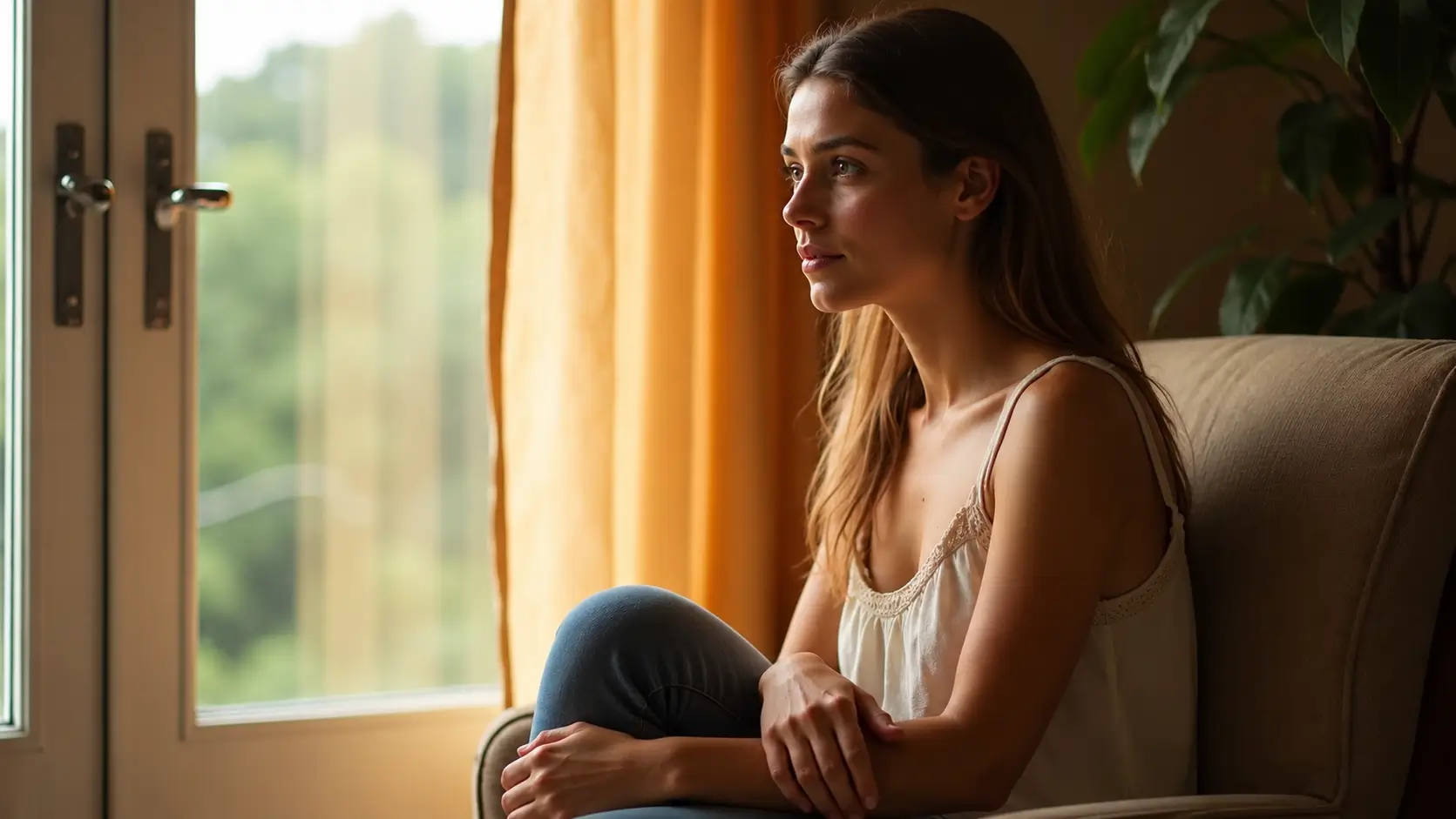 A young woman sits in a comfortable armchair beside a large sunlit window, hugging one knee with her hands resting naturally around her leg. She gazes thoughtfully out the window as warm golden curtains and a leafy indoor plant create a calm, cozy atmosphere.
