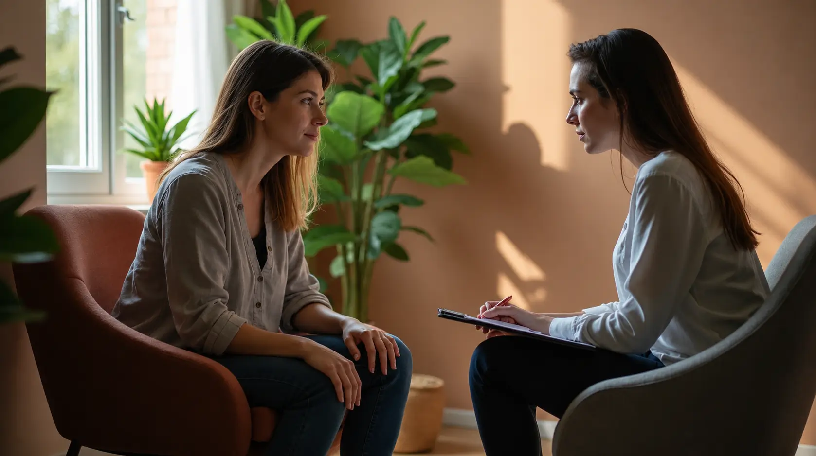 A therapist and client sit facing each other in comfortable armchairs during a counseling session. The client leans forward with her hands resting naturally on her knees, while the therapist holds a clipboard and pen, listening attentively. Warm sunlight filters through a nearby window, and several green houseplants create a calm, welcoming office environment.