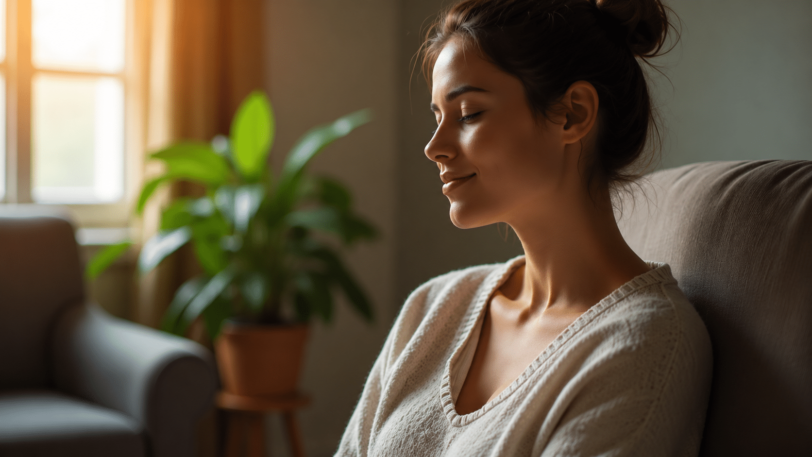 A close-up side profile of a young woman sitting comfortably in an upholstered chair with her eyes closed and a gentle smile. Warm sunlight streams through a nearby window, softly illuminating her face, while a blurred green houseplant and neutral furnishings create a calm, cozy atmosphere.