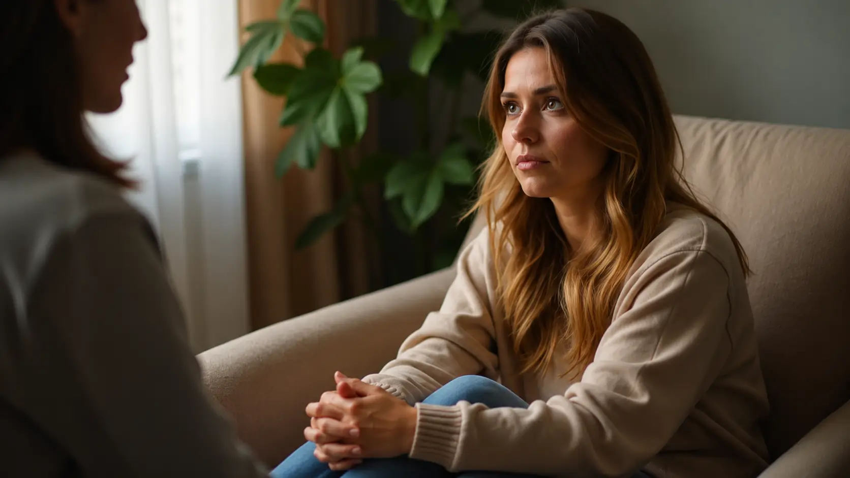 A young woman sits in a comfortable armchair during a counseling session, listening attentively with a thoughtful expression. Her hands rest naturally together on her raised knee, while a blurred person sits opposite her in the foreground. Soft natural light and leafy houseplants create a warm, calming atmosphere.