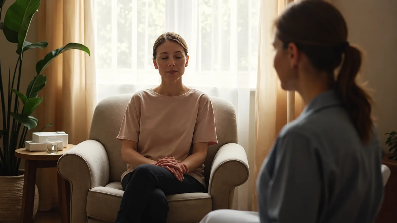A young woman sits comfortably in a beige armchair with her eyes closed, her hands resting naturally on her lap in a relaxed pose. A blurred therapist is seated in the foreground, while soft daylight filters through sheer curtains behind the woman. A side table with a glass of water and tissue boxes, along with a large leafy plant, creates a calm, welcoming therapy office atmosphere.