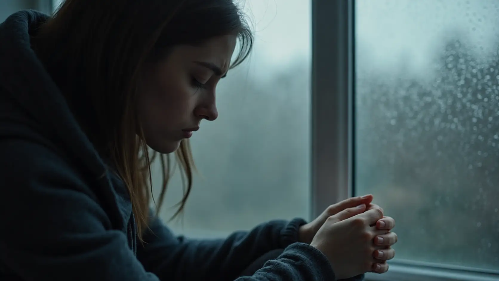 A young woman in a dark hoodie sits beside a rain-covered window with her head bowed and hands gently clasped together. The soft, muted lighting and blurred rainy background create a quiet, reflective atmosphere.