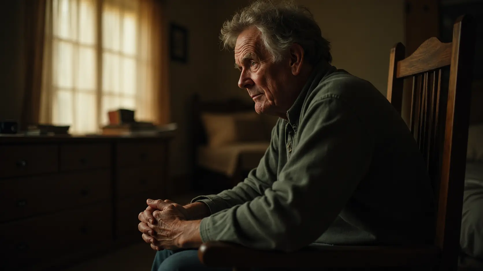 An elderly man sits in a wooden chair with his hands gently clasped, gazing thoughtfully into the distance. Warm natural light streams through a nearby window, illuminating the quiet, cosy room and creating a reflective, contemplative atmosphere.
