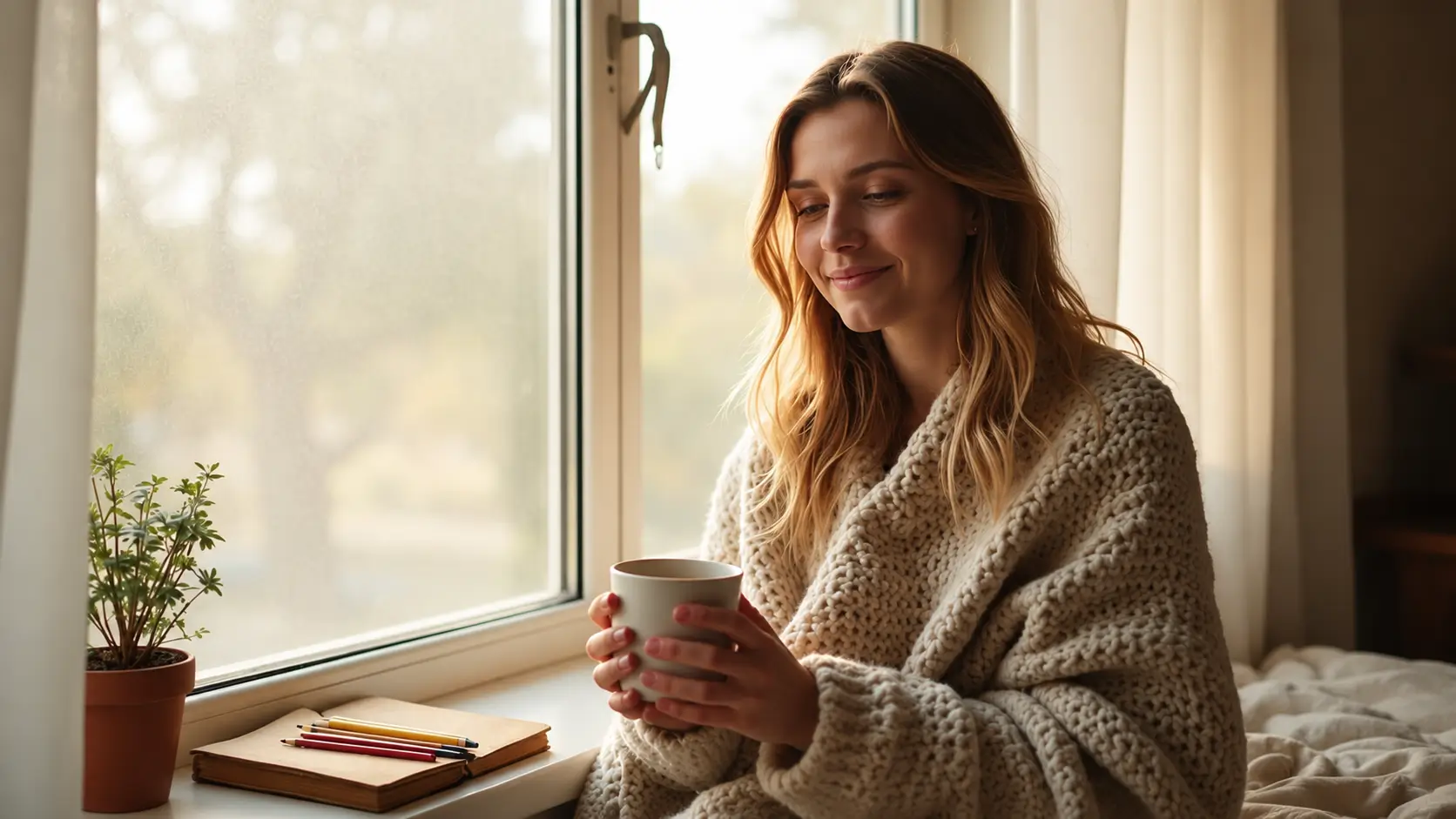 A smiling young woman wrapped in a chunky knit blanket sits beside a sunlit window, holding a white mug with both hands. A small potted plant, notebook, and coloured pencils rest on the windowsill, creating a warm, peaceful atmosphere.
