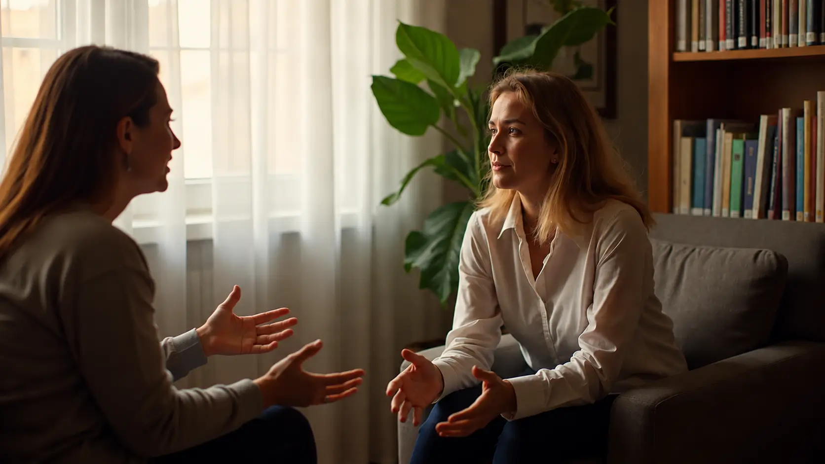 Two women sit facing each other in a warmly lit room during a conversation. One woman gestures as she speaks while the other sits in an armchair with her hands open in a relaxed position, listening attentively. A large houseplant, bookshelves, and sheer curtains create a calm, welcoming setting.