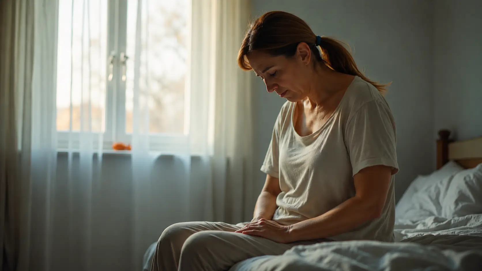 A middle-aged woman sits on the edge of a bed in a softly lit bedroom, looking down with a reflective expression. Her hands rest gently in her lap, while warm daylight filters through sheer curtains, creating a calm and contemplative atmosphere.