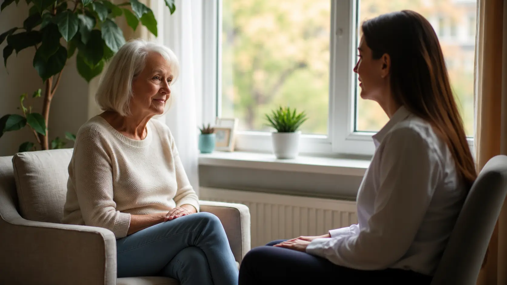 An older woman and a therapist sit facing each other in comfortable chairs during a counseling session. Both keep their hands resting naturally on their own laps while maintaining warm eye contact. Soft daylight streams through a large window behind them, with indoor plants creating a calm, welcoming atmosphere.