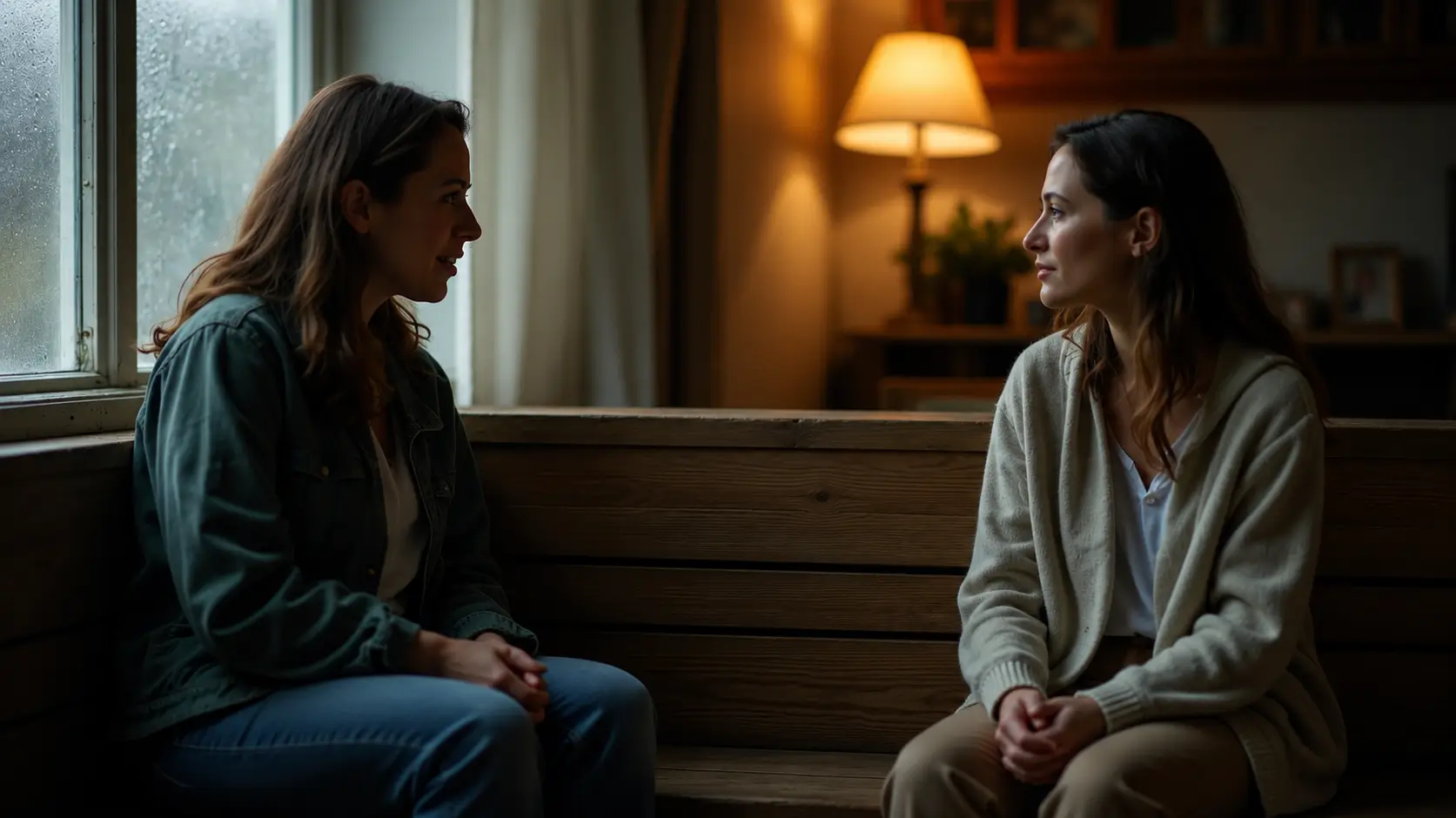 Two women sit on opposite ends of a wooden bench in a softly lit room, facing each other with relaxed postures and natural hand positions. A rain-speckled window lets in cool daylight on the left, while a warm table lamp glows in the background, creating a cozy, intimate atmosphere.