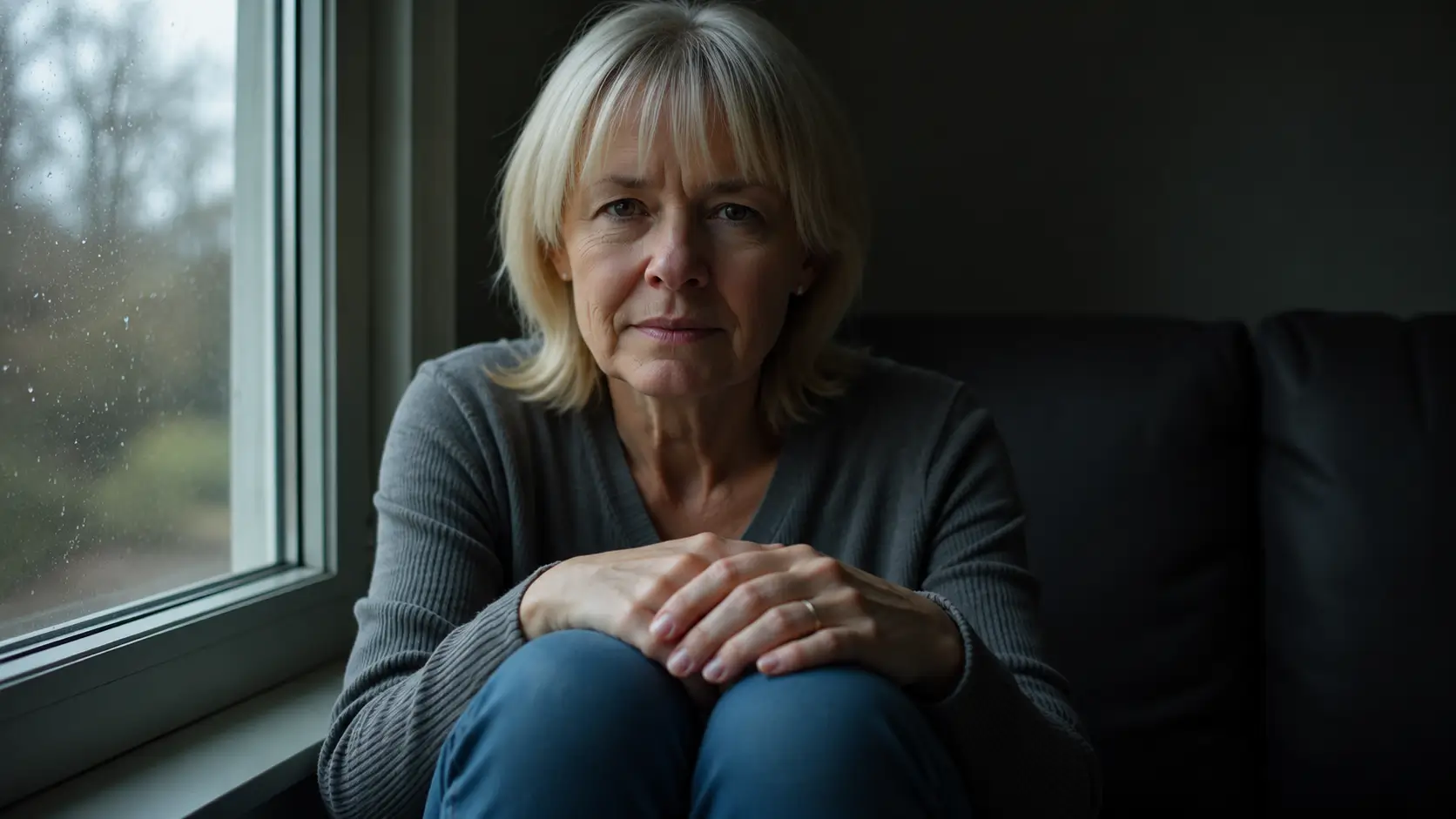 A middle-aged woman with shoulder-length blonde hair sits beside a rain-speckled window, resting her hands naturally on her bent knees while looking directly at the camera with a calm, thoughtful expression. Soft daylight from the window illuminates her face, contrasting with the dark background to create a quiet, reflective mood.
