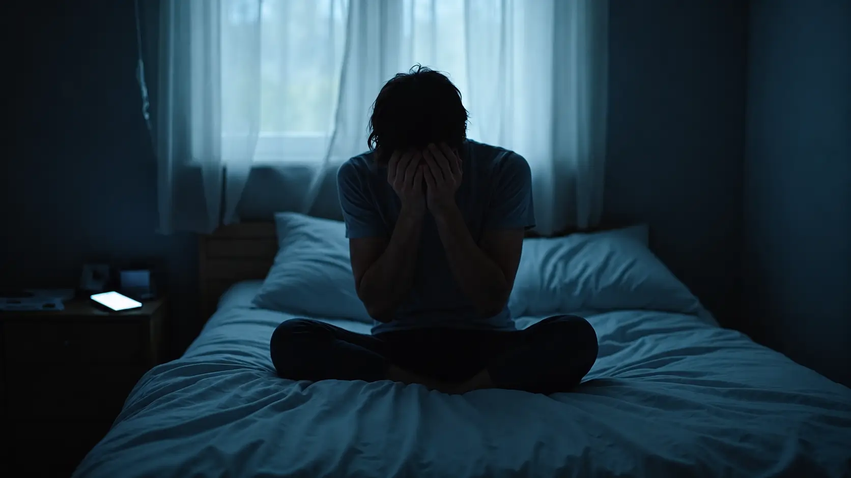 A person sits cross-legged on an unmade bed in a dimly lit bedroom at night, covering their face with both hands. Soft blue light filters through a curtained window behind them, while a glowing phone rests on a bedside table, creating a quiet, somber atmosphere.