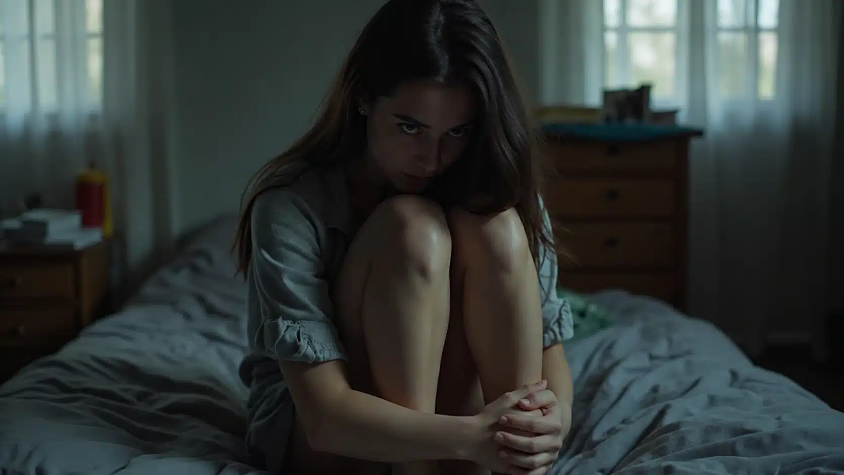 Young woman sitting alone on a bed with her knees drawn up, looking distressed in a dimly lit bedroom.