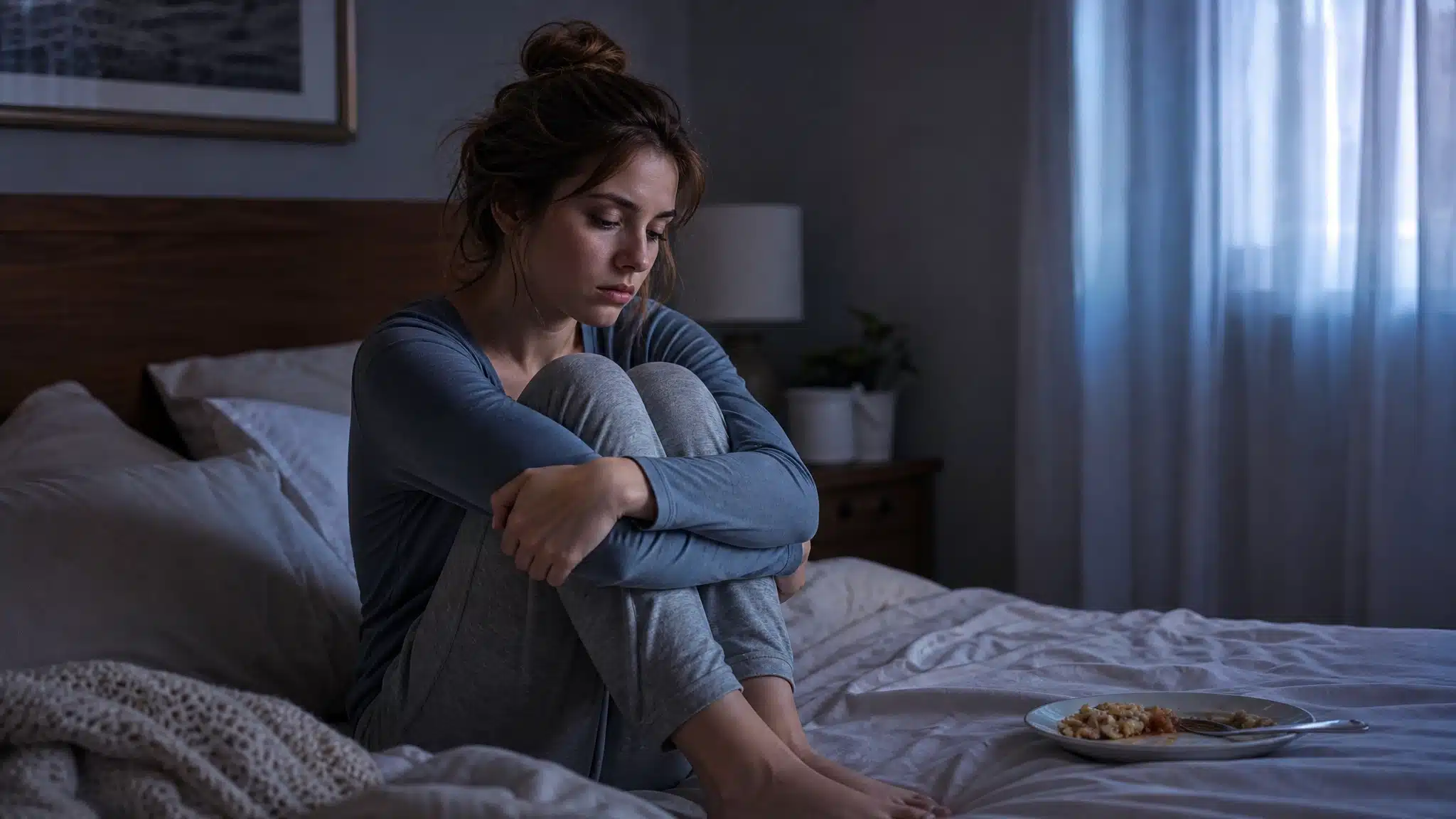 Woman sitting on a bed with her knees pulled close in a dim bedroom with an untouched plate of food nearby.