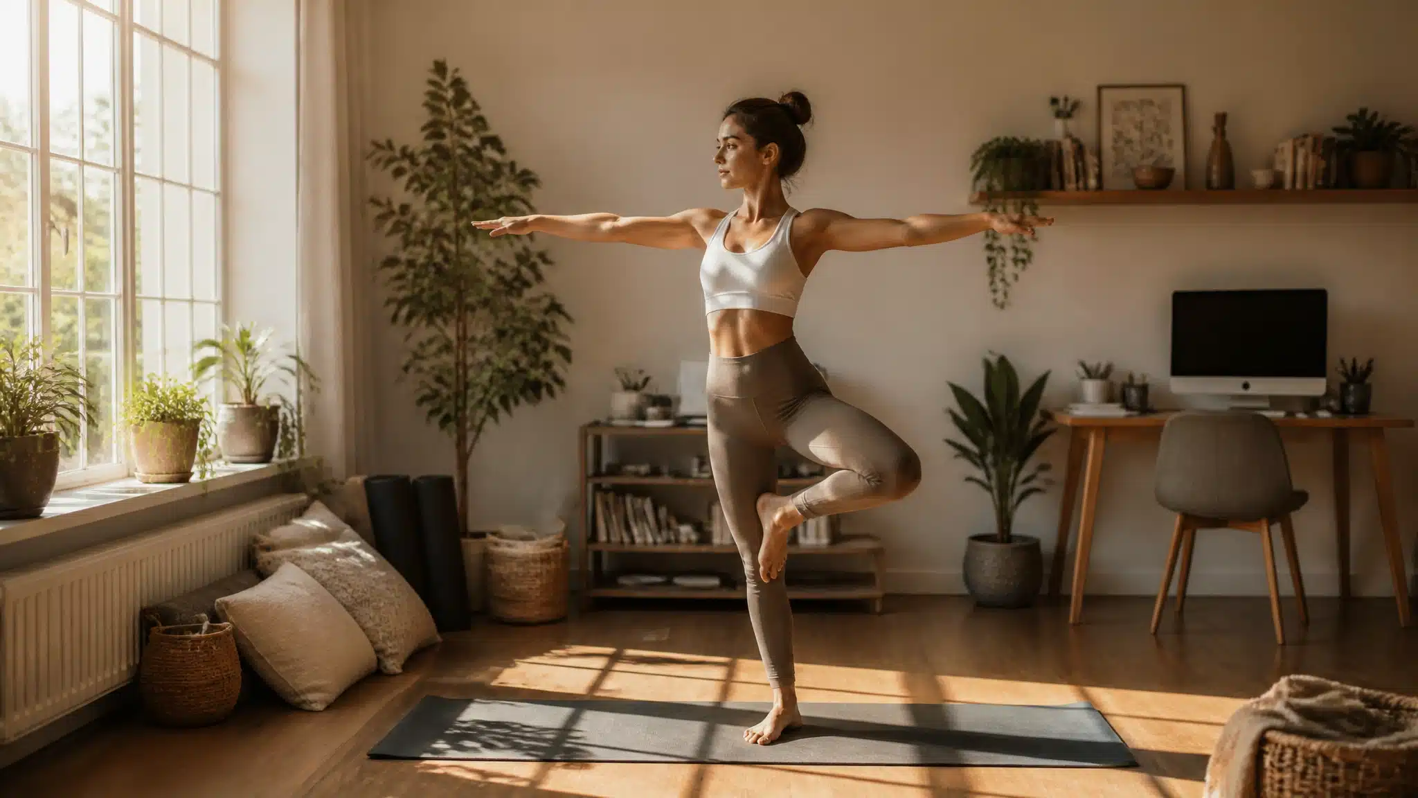 Young woman practicing yoga balance pose on a mat in a bright home workout space with plants and natural sunlight
