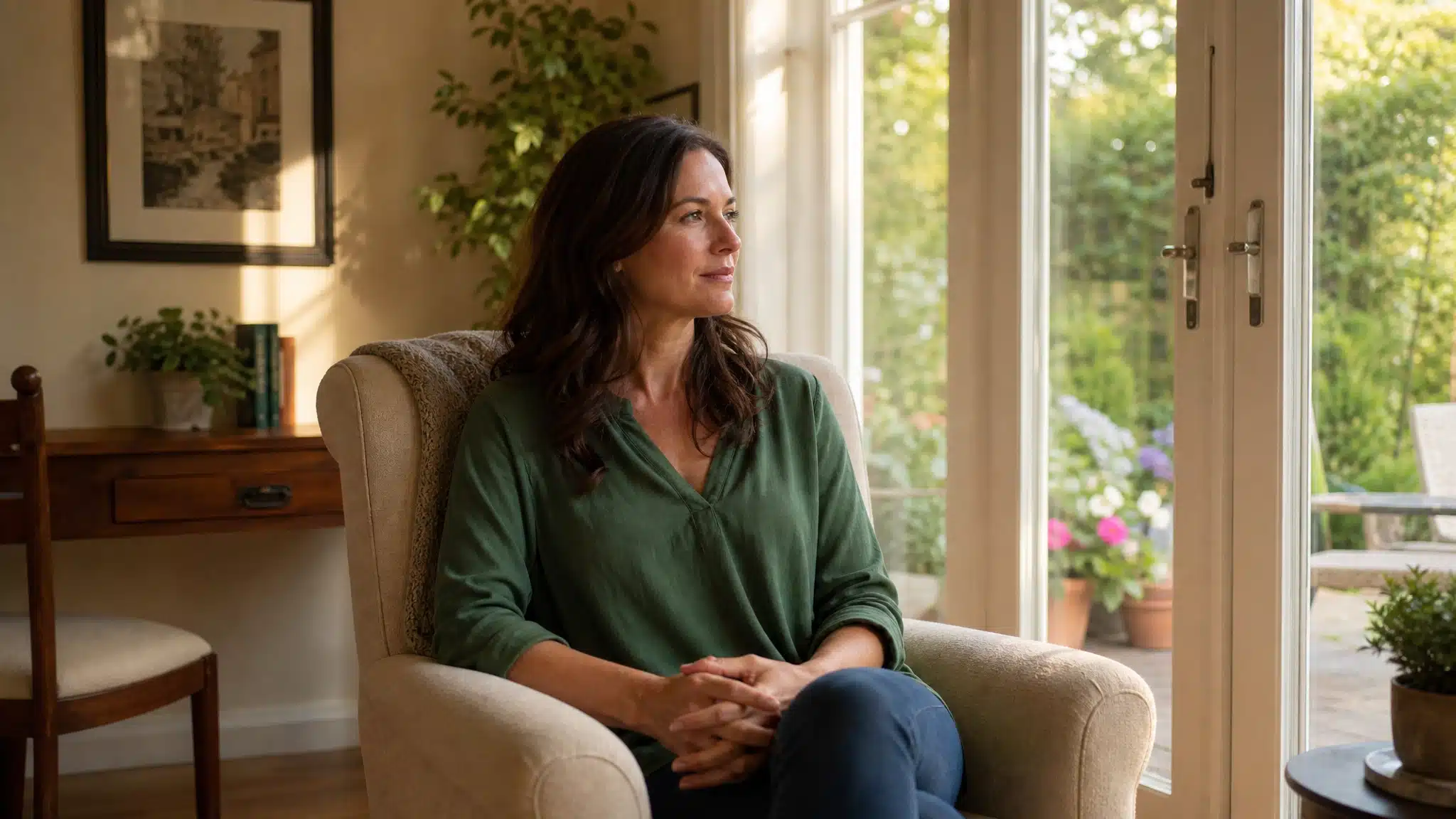 Woman sitting in a comfortable chair near a window with a calm expression in a warm, peaceful home setting