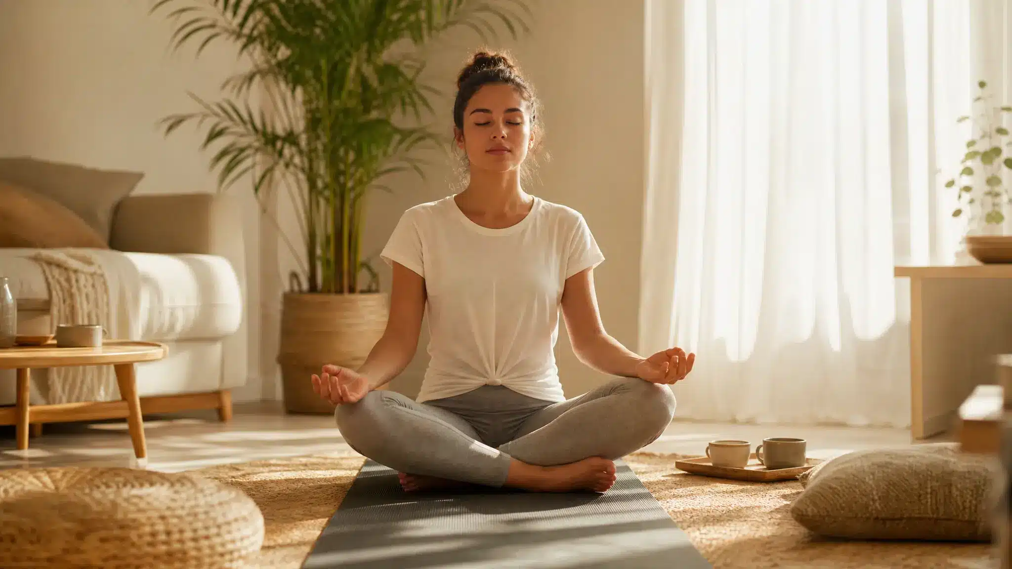 Young woman meditating on a yoga mat in a bright, peaceful room with indoor plants.