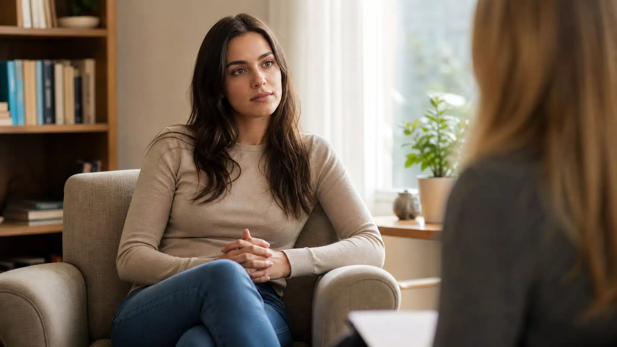 Young woman sitting in an armchair during a private counseling session with a therapist in a bright, comfortable room