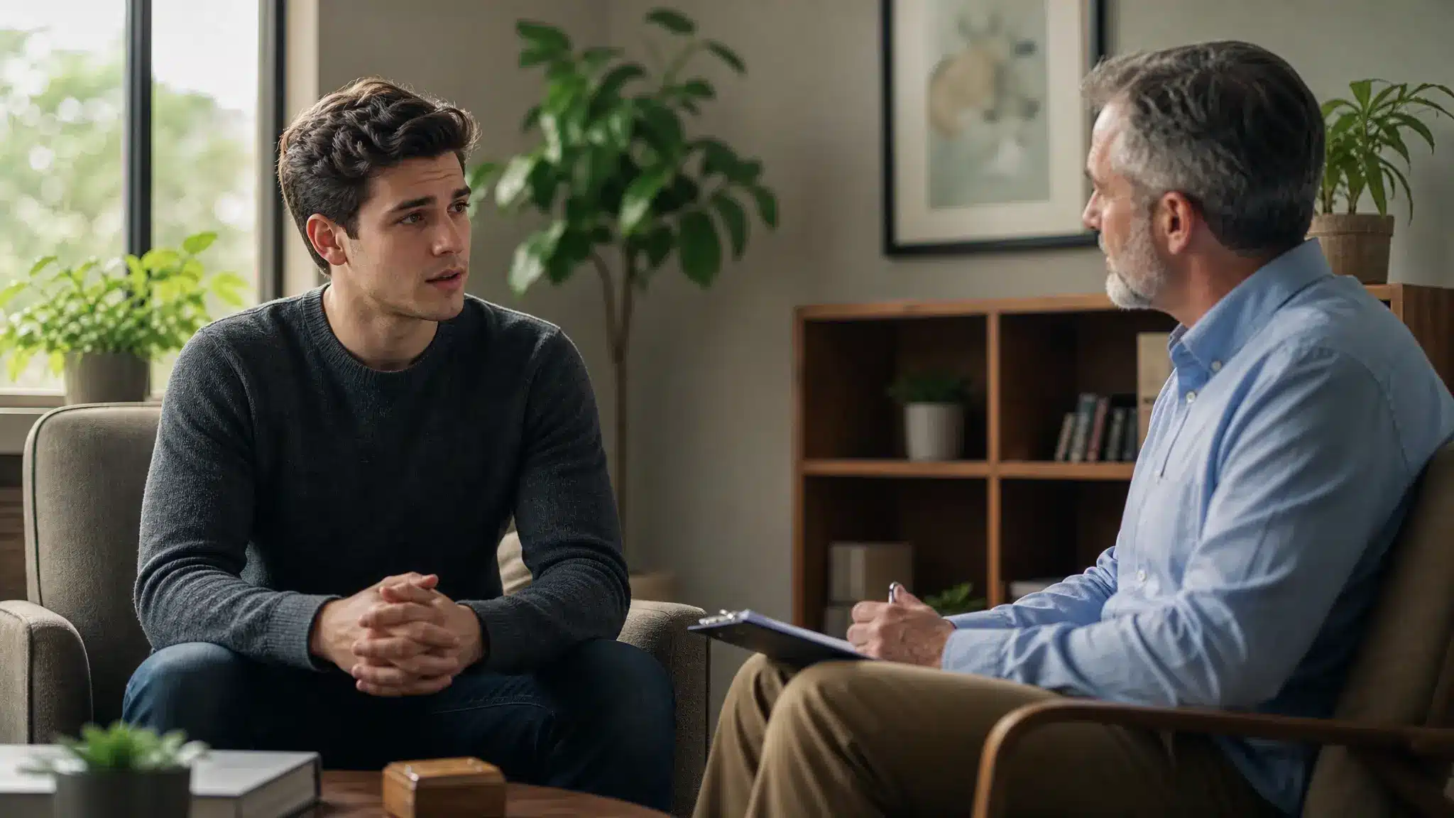 Young man speaking with a counselor during a private counseling session in a comfortable office