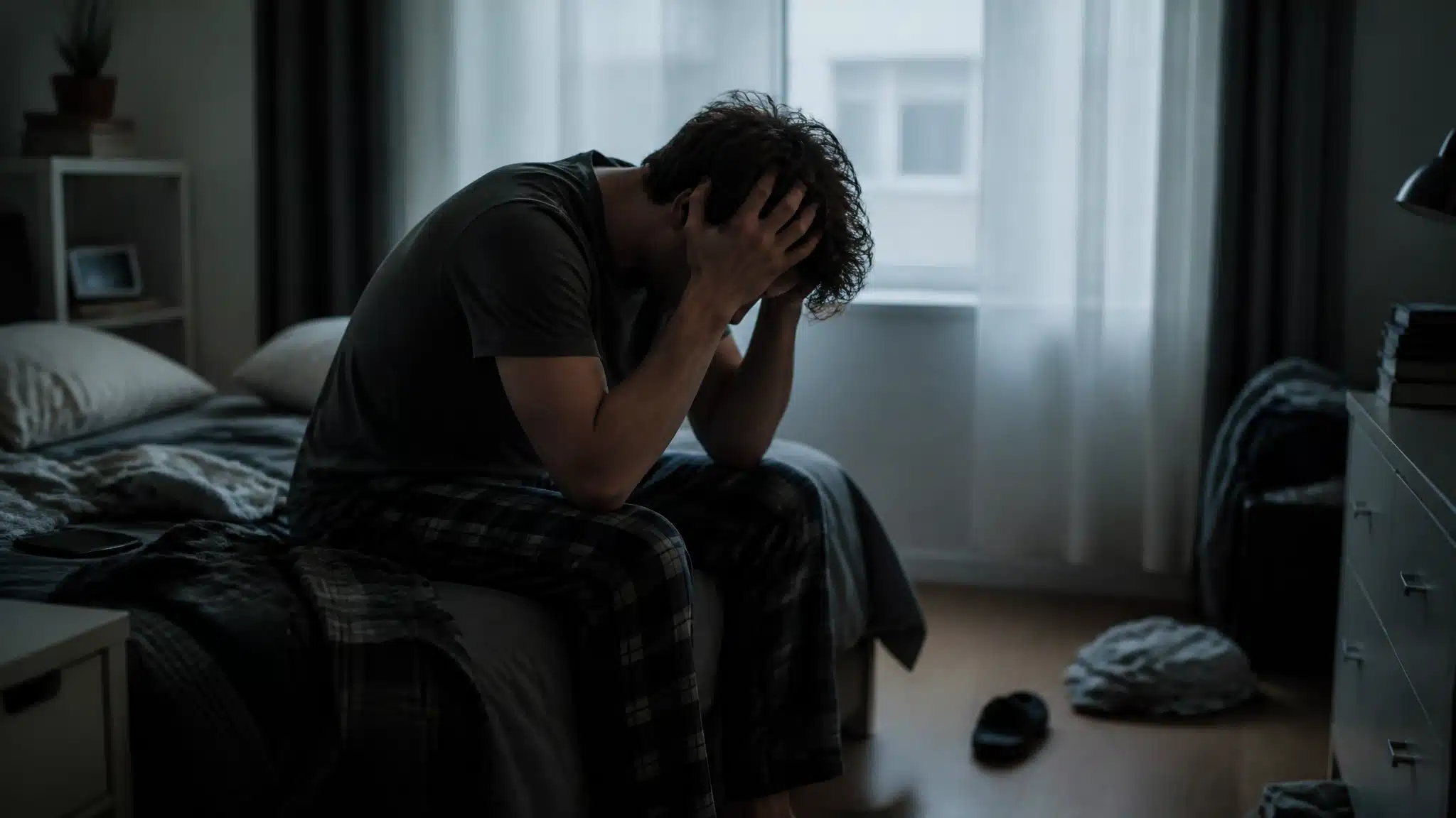 Young man sitting on the edge of a bed holding his head in a dimly lit bedroom with a reflective mood