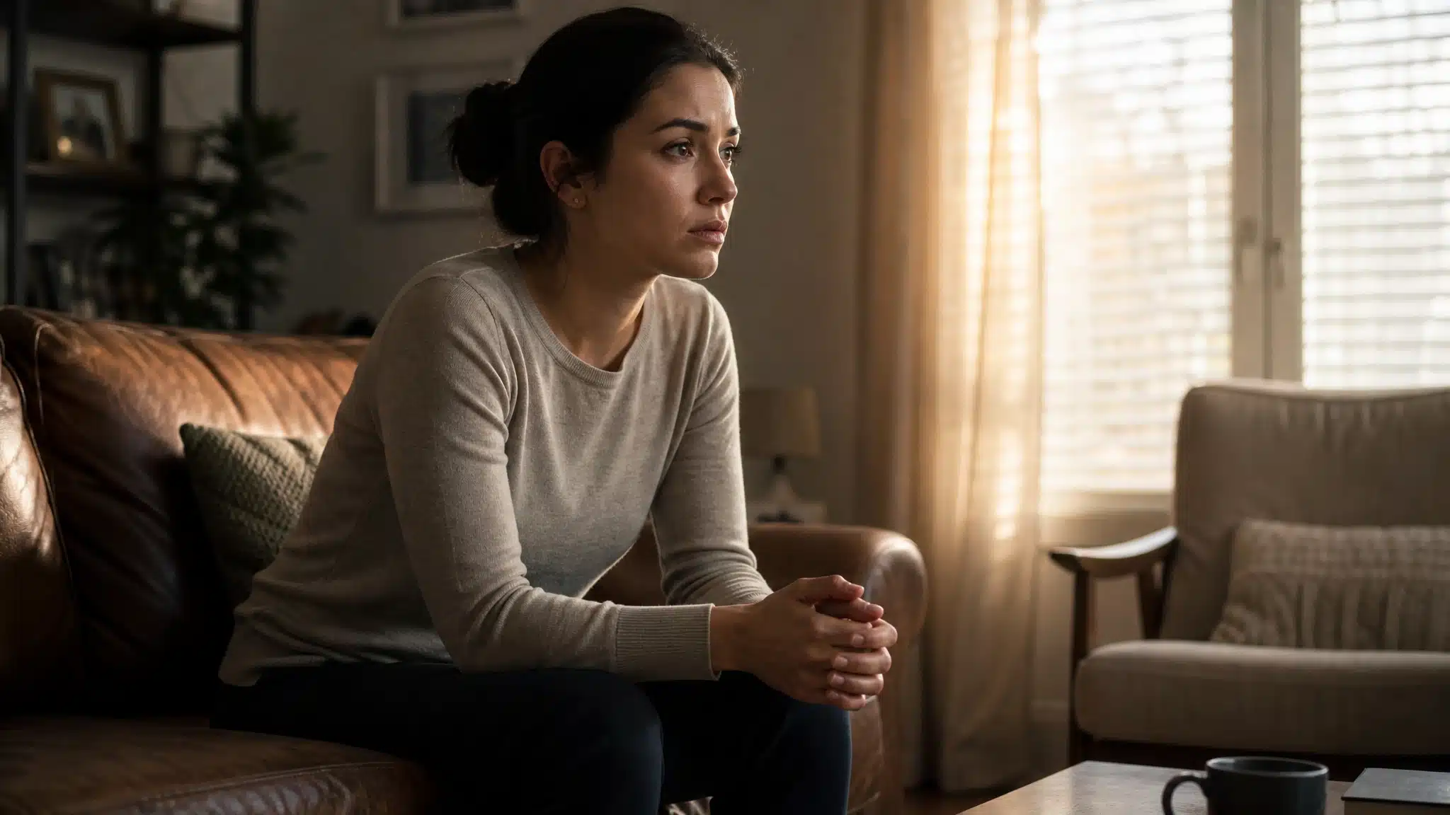 Young woman sitting on a leather sofa with hands clasped and a thoughtful expression in a softly lit living room