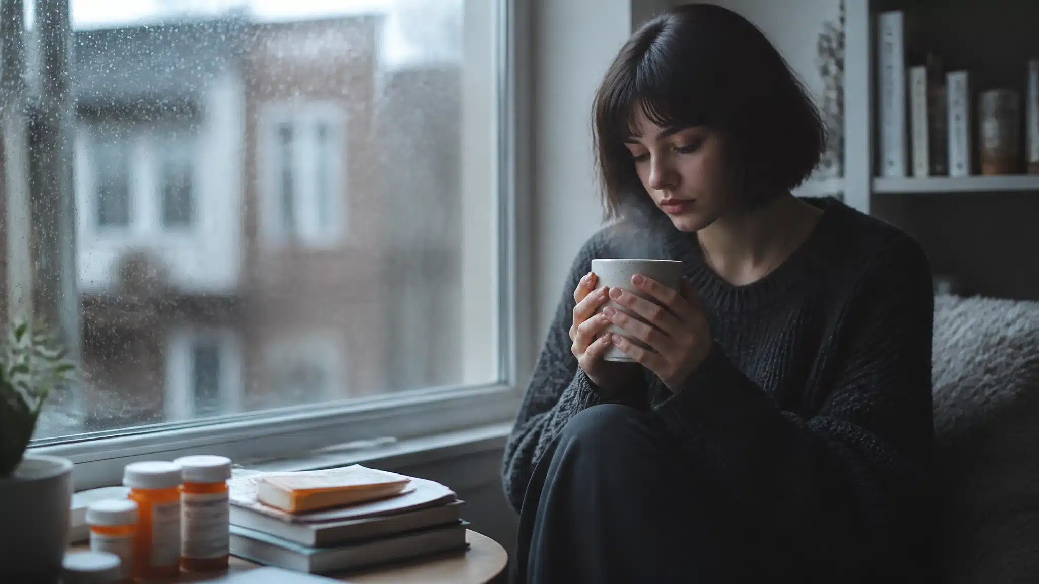 Young woman sitting by a rainy window holding a warm cup with medication bottles and books nearby