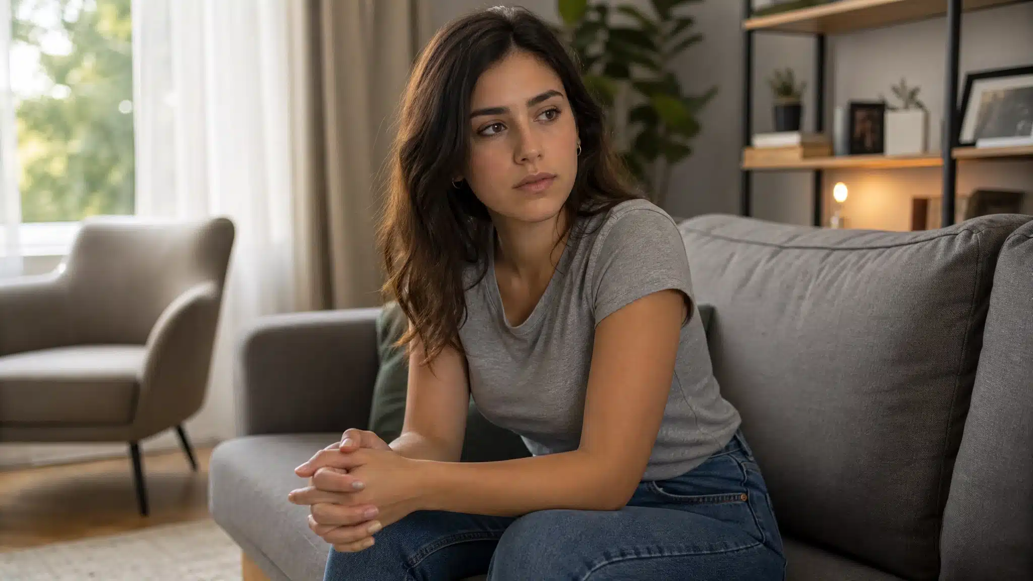 Young woman sitting on a sofa in a quiet living room with a thoughtful expression and hands clasped together