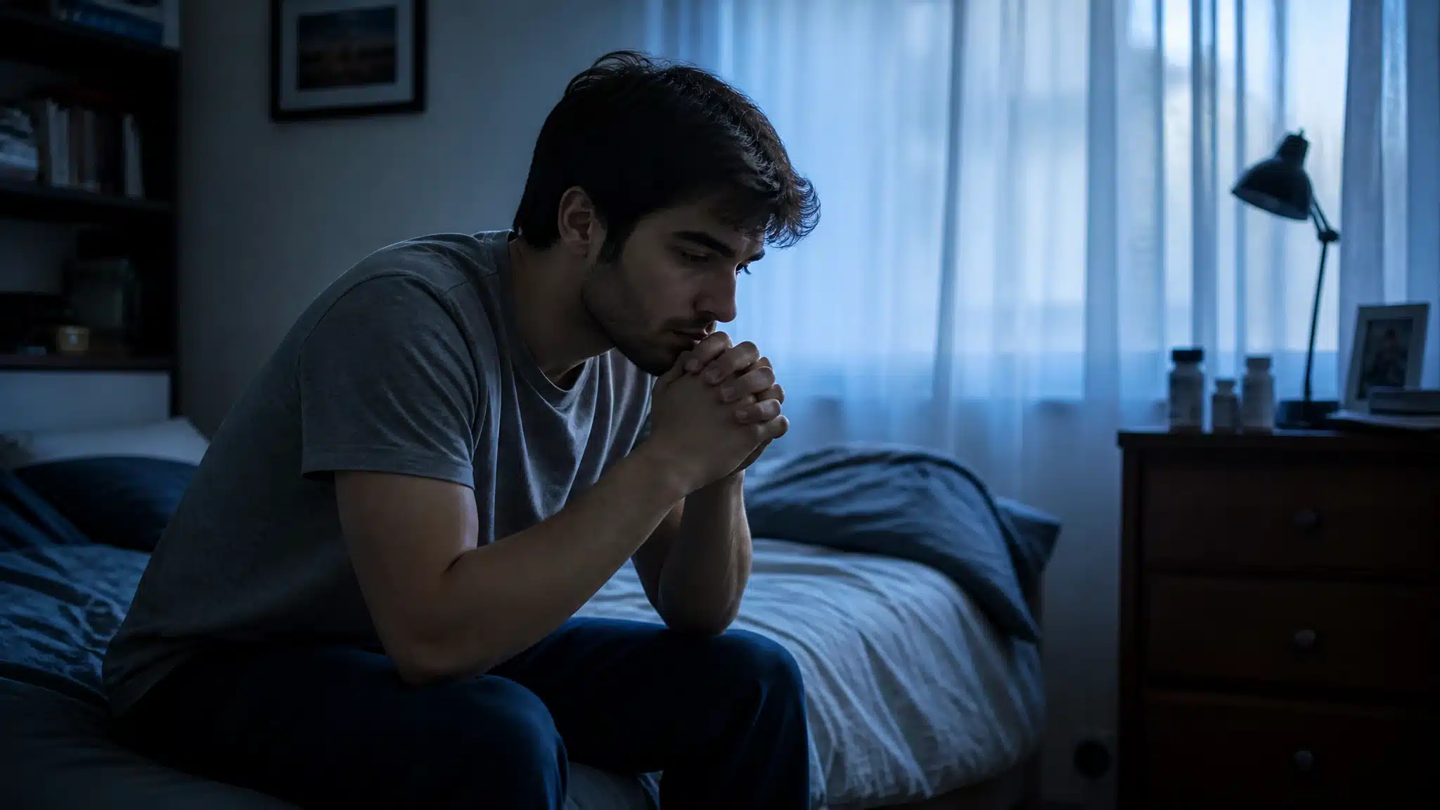 Young man sitting on the edge of a bed with his hands clasped, looking worried and reflective in a dim blue-lit bedroom.